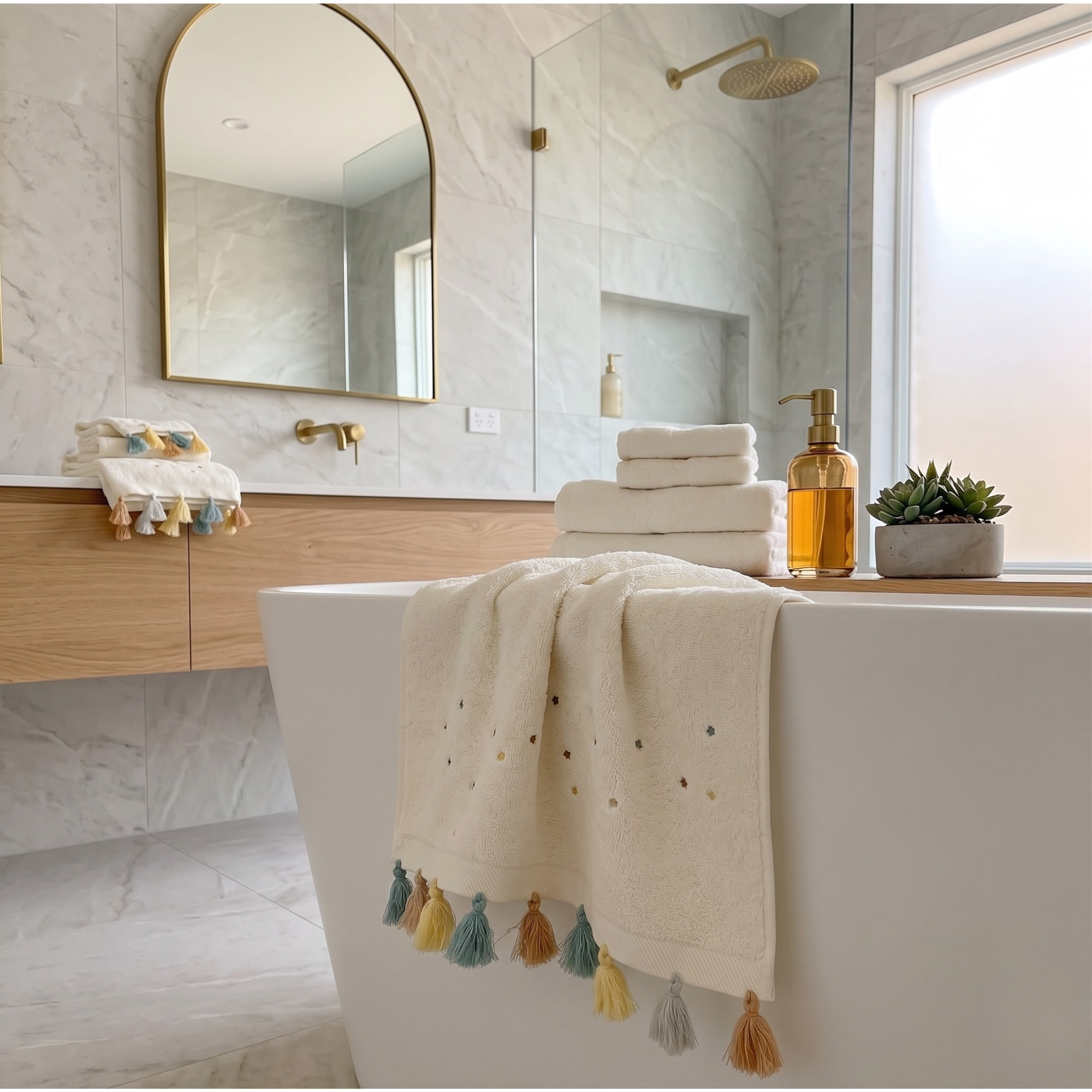 Textured Cotton Bath Towel with Tassels – Quiet Luxury Spa Decor