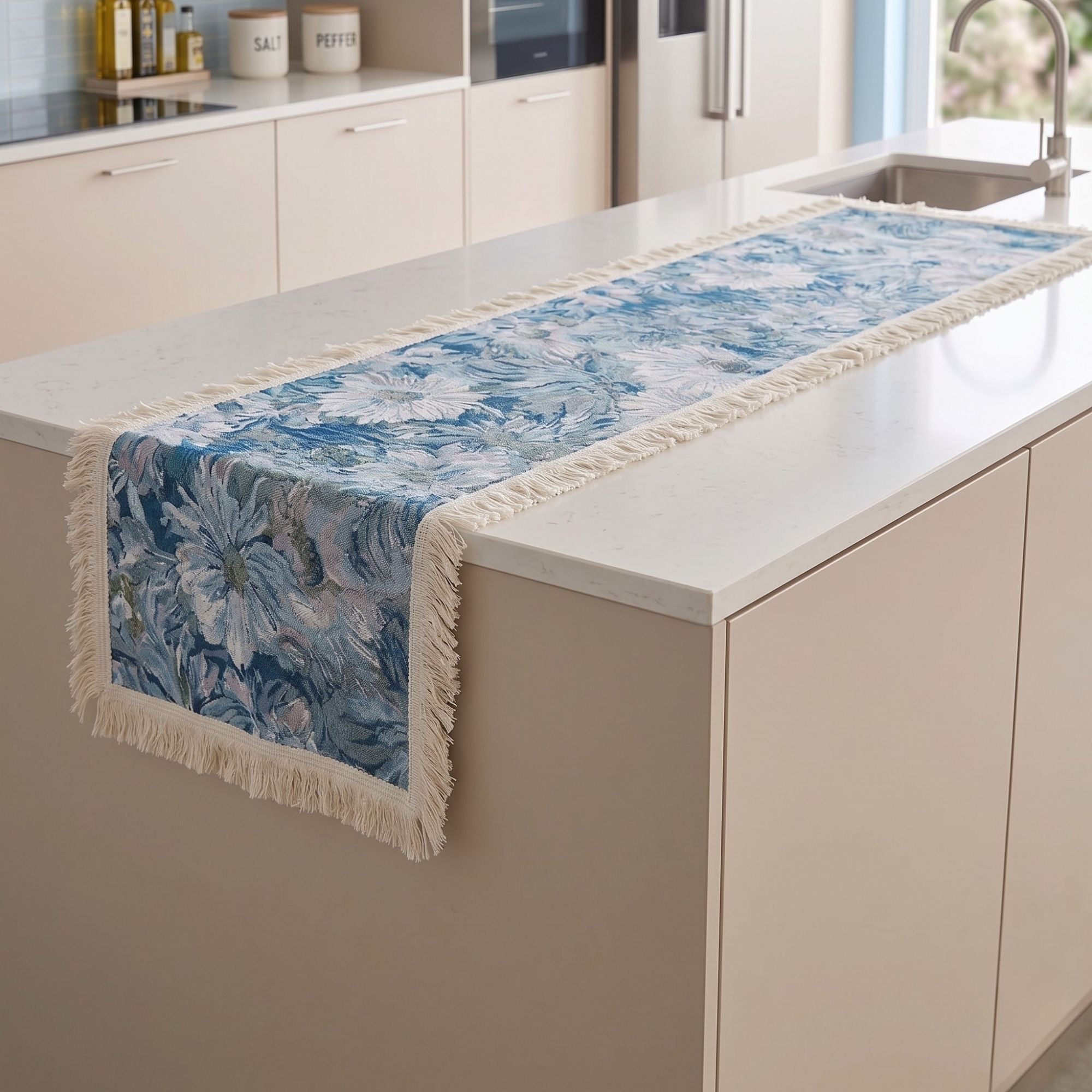 Blue Botanical Table Runner | Vintage Floral Tassel Table Runner