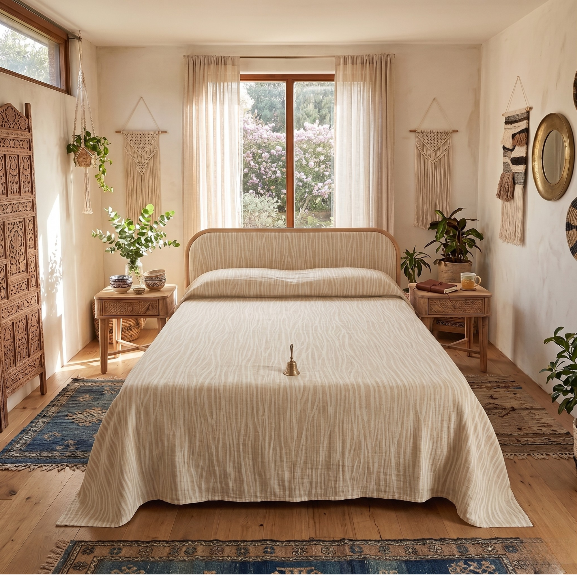 Minimalist Beige Throw Blanket - Soft Textured Cotton Linen Coverlet