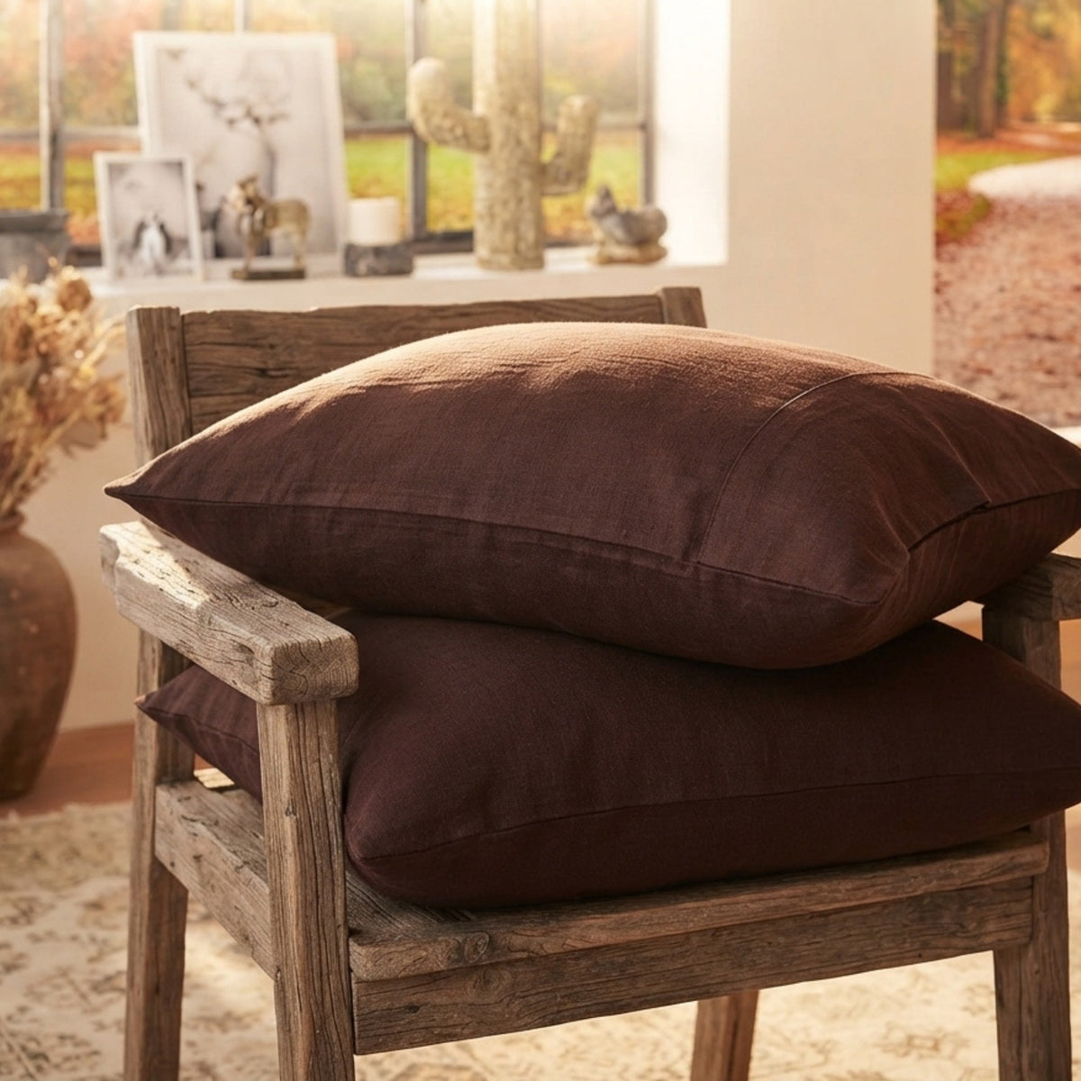 Two dark brown linen-textured throw pillows stacked on a rustic wooden chair in a warm, sunlit room.