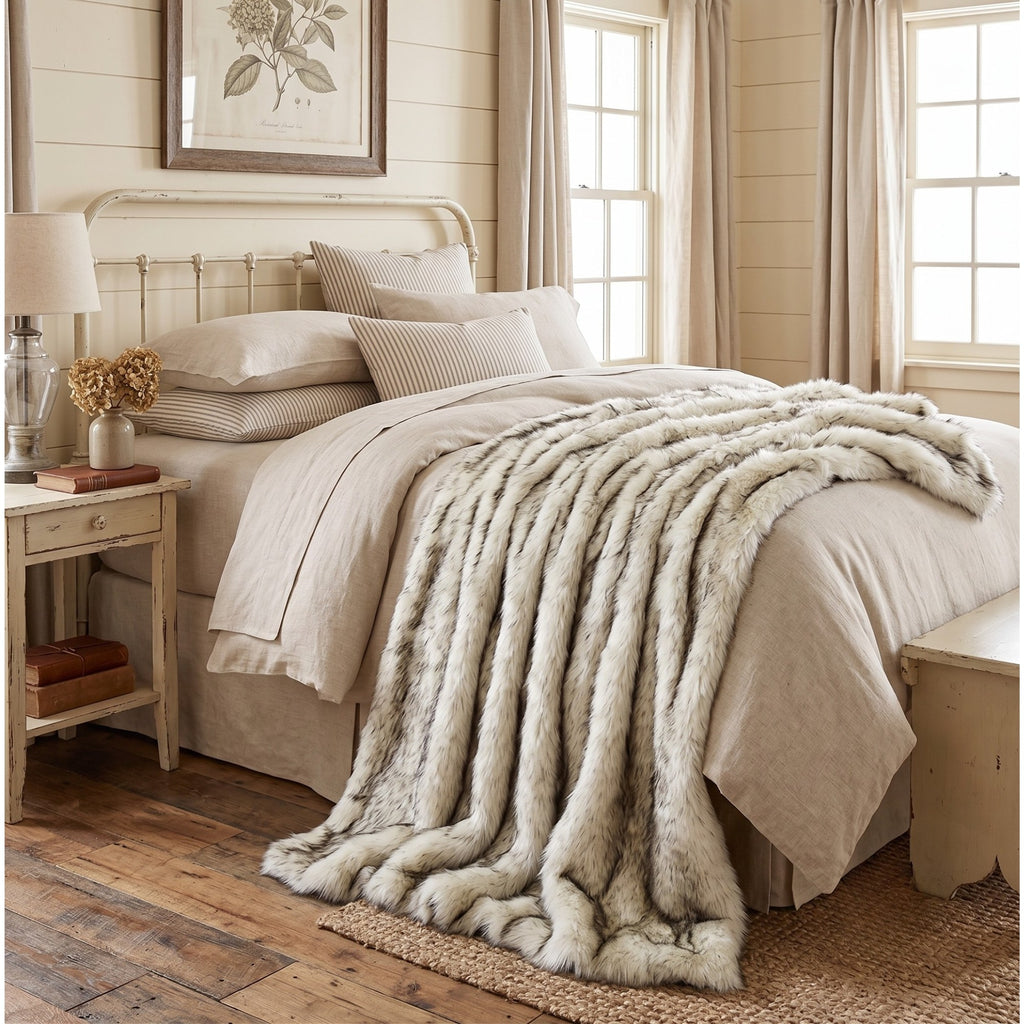 A plush faux fur throw blanket in a light beige-gray color is draped over a neatly made bed with neutral-toned linens in a rustic, warm bedroom setting.