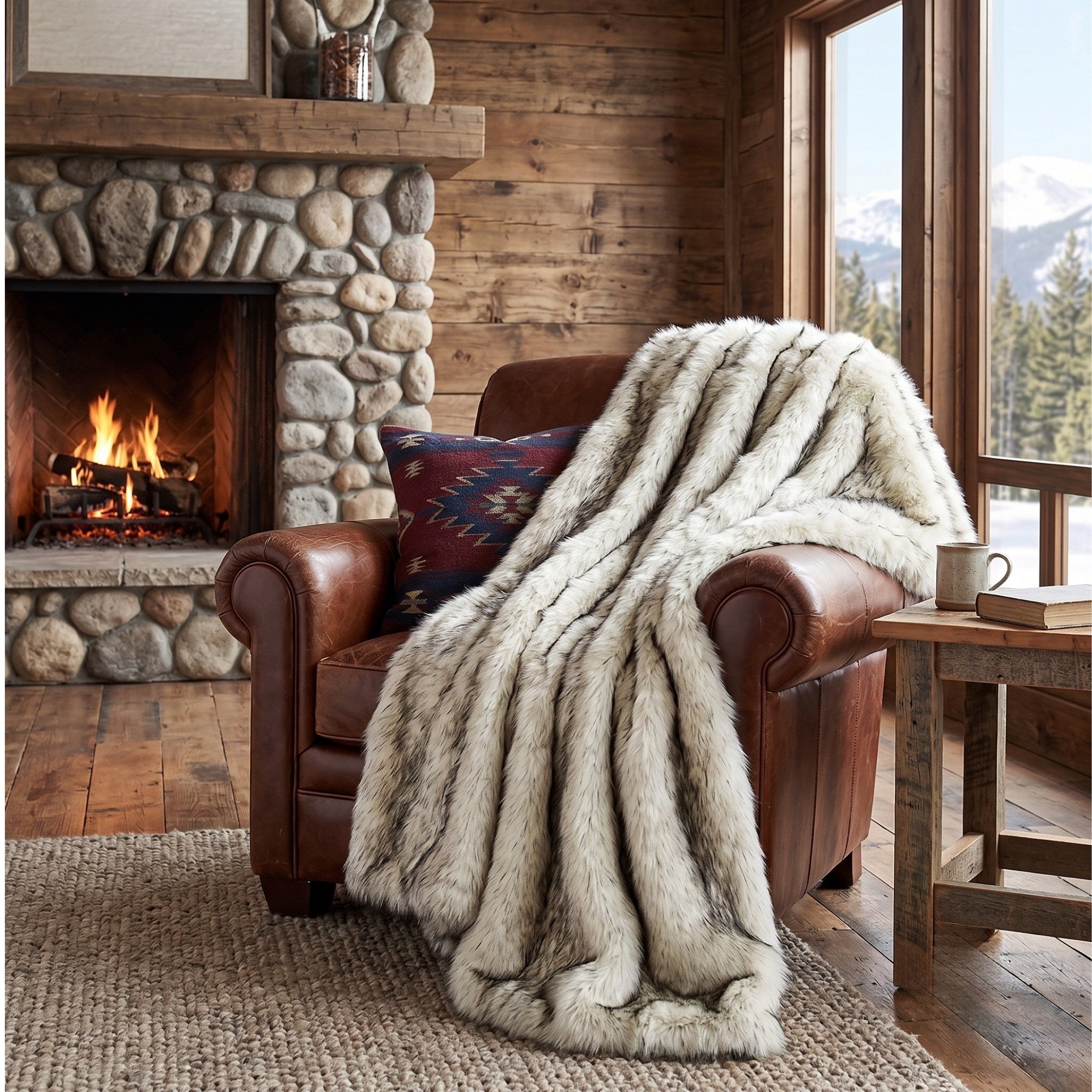 A plush, thick faux fur throw blanket in a light gray and white pattern is draped over a brown leather armchair in a rustic cabin living room with a stone fireplace and wood-paneled walls.