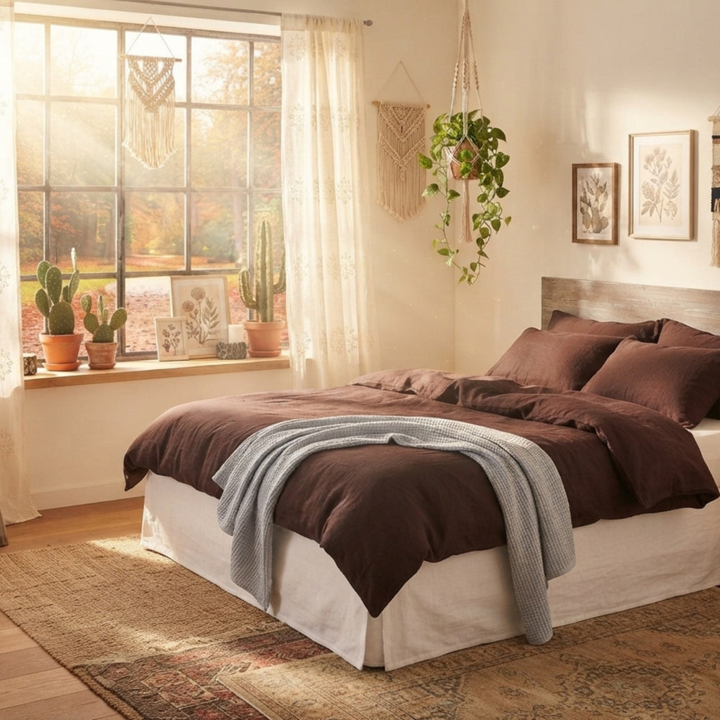 A cozy bedroom scene with a bed dressed in dark brown bedding and a light gray knit throw blanket, styled with a wooden headboard, neutral rug, potted cacti by a sunlit window, and macrame wall decor.