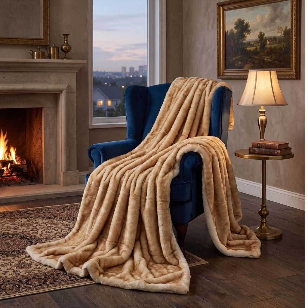 A plush cream and tan faux-fur style throw blanket is draped over a deep blue armchair in a cozy living room setting with a fireplace, window view, side table with a lamp, and framed wall art.