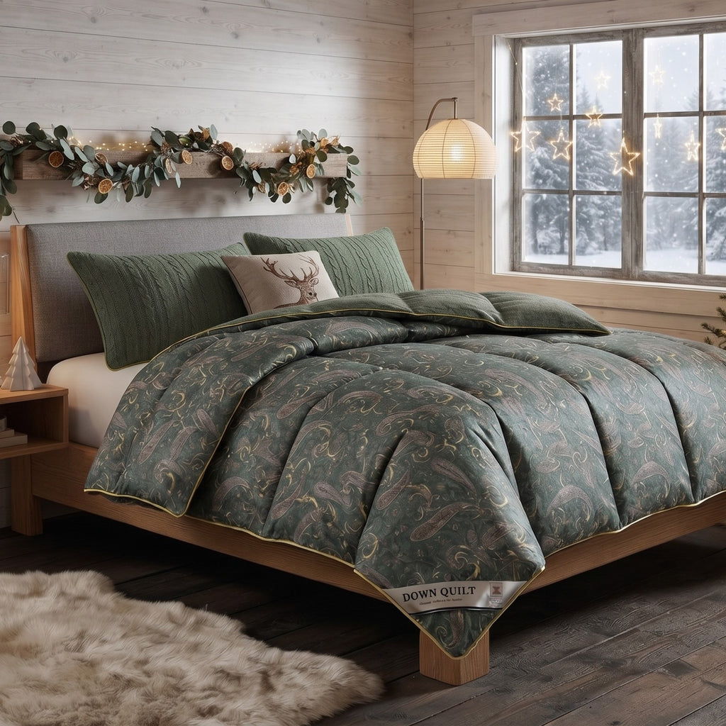 A cozy bedroom scene showing a bed dressed in a green damask-patterned comforter with matching pillows, set in a rustic wood-paneled room with a window, floor lamp, and holiday garland.