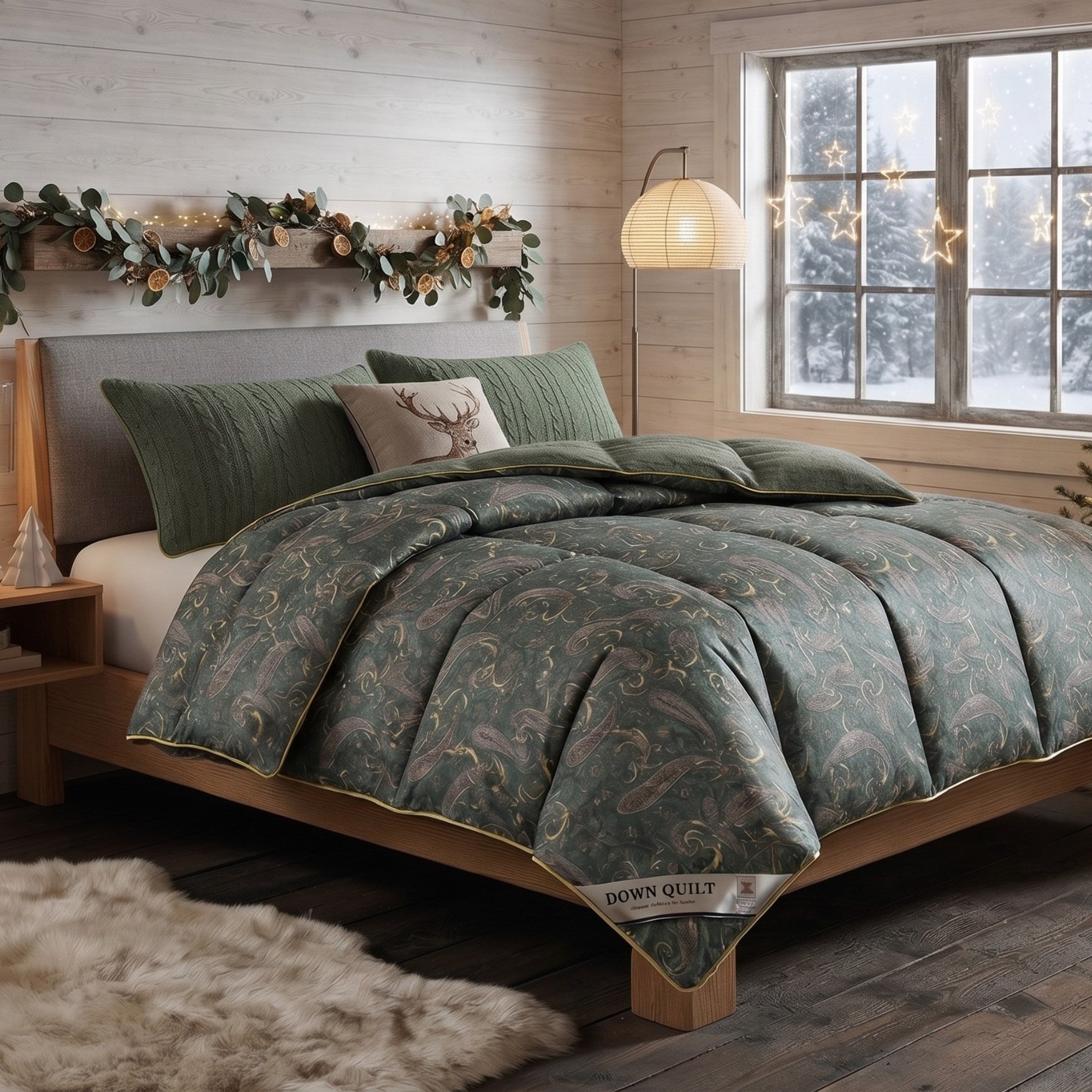 A cozy bedroom scene showing a bed dressed in a green damask-patterned comforter with matching pillows, set in a rustic wood-paneled room with a window, floor lamp, and holiday garland.