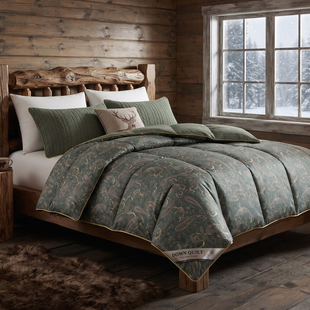 A rustic bed dressed in a green damask-patterned comforter with matching pillows, set in a cabin bedroom with wood walls and a window showing a snowy outdoor view.
