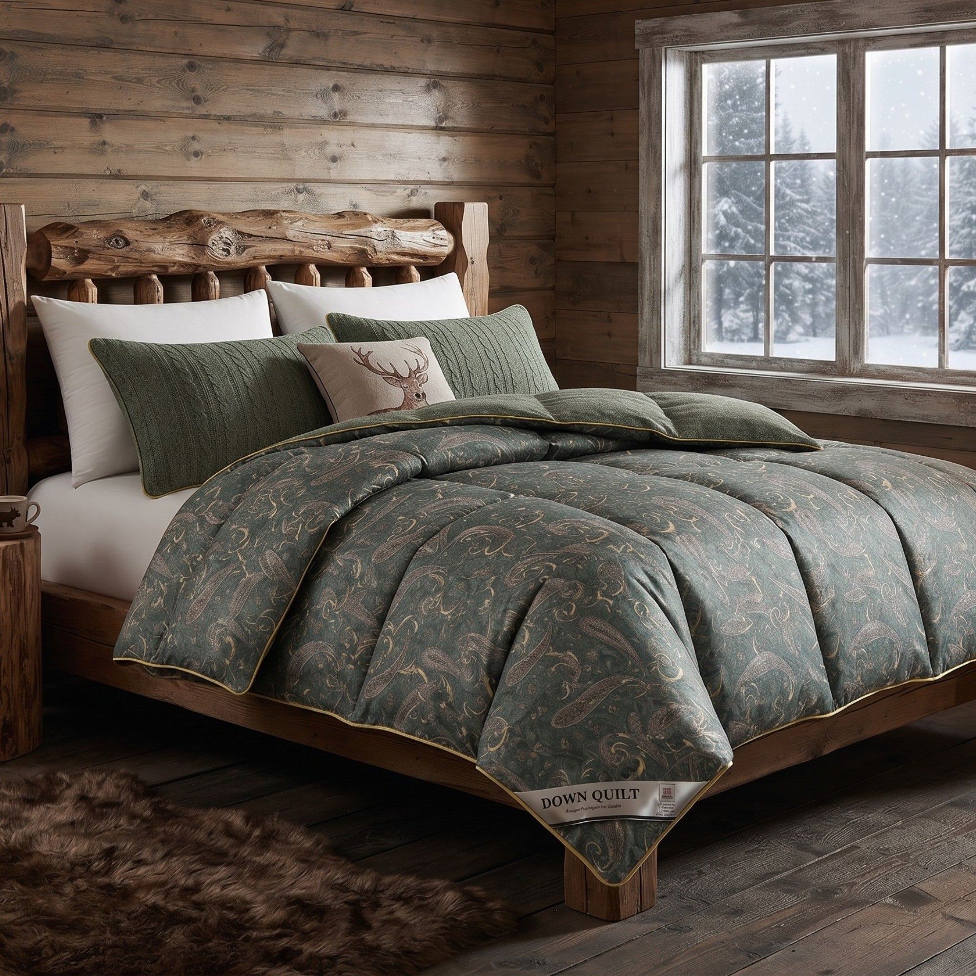 A rustic bed dressed in a green damask-patterned comforter with matching pillows, set in a cabin bedroom with wood walls and a window showing a snowy outdoor view.