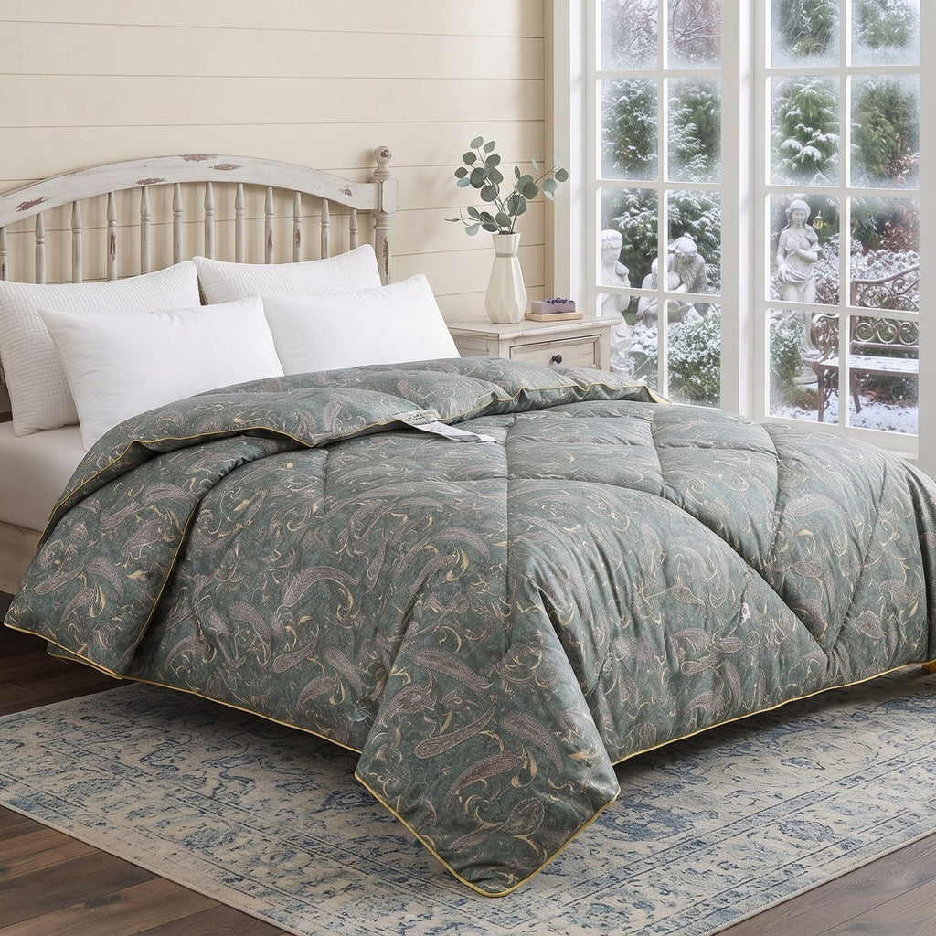 A quilted comforter with a muted sage green and gray paisley pattern and gold trim, styled on a bed in a bright, neutral-toned bedroom with white pillows and a window showing a snowy outdoor view.
