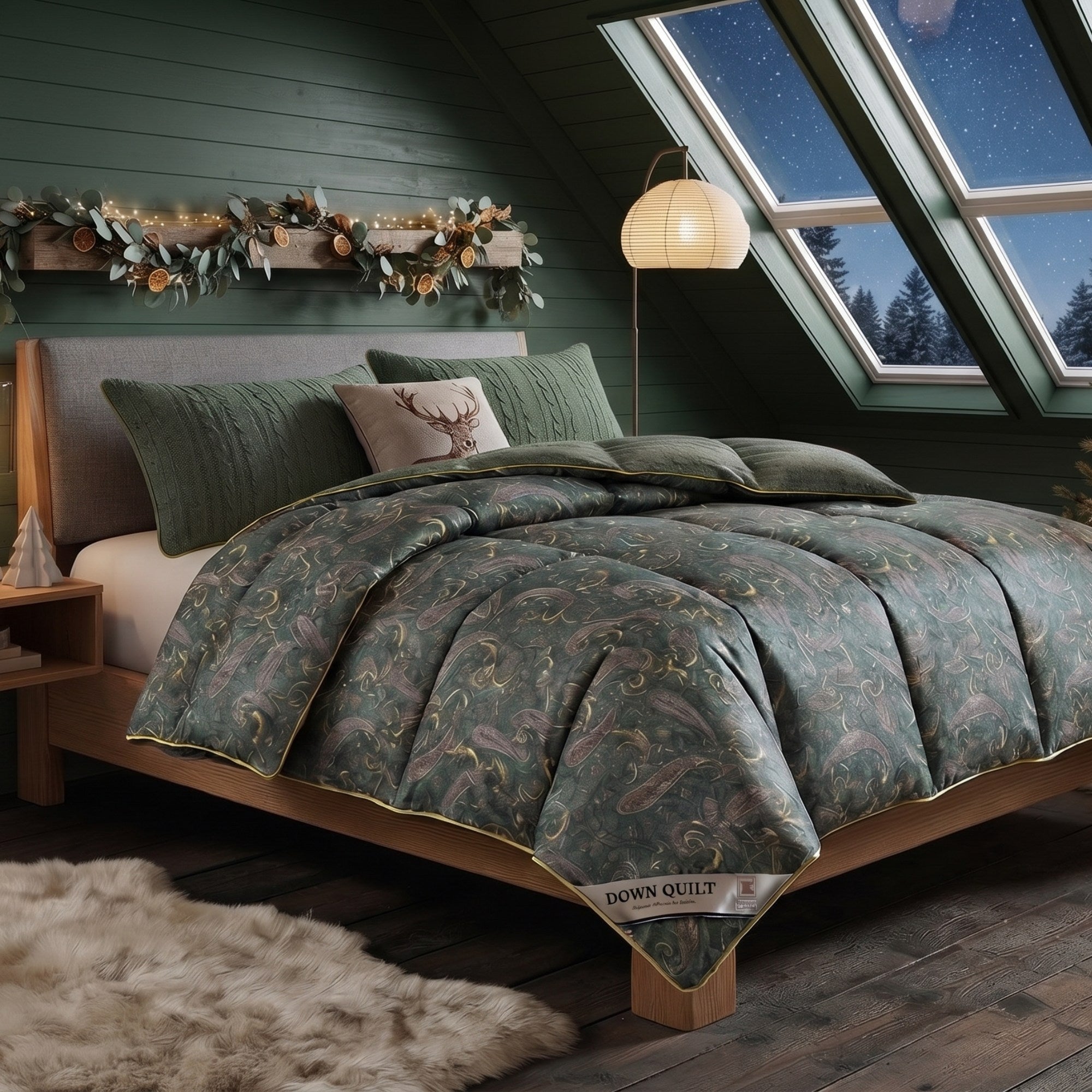 A bed dressed in a dark green patterned comforter set with matching pillows, styled in a rustic attic bedroom with wood walls, a window showing a starry night sky, a floor lamp, and a faux fur rug.