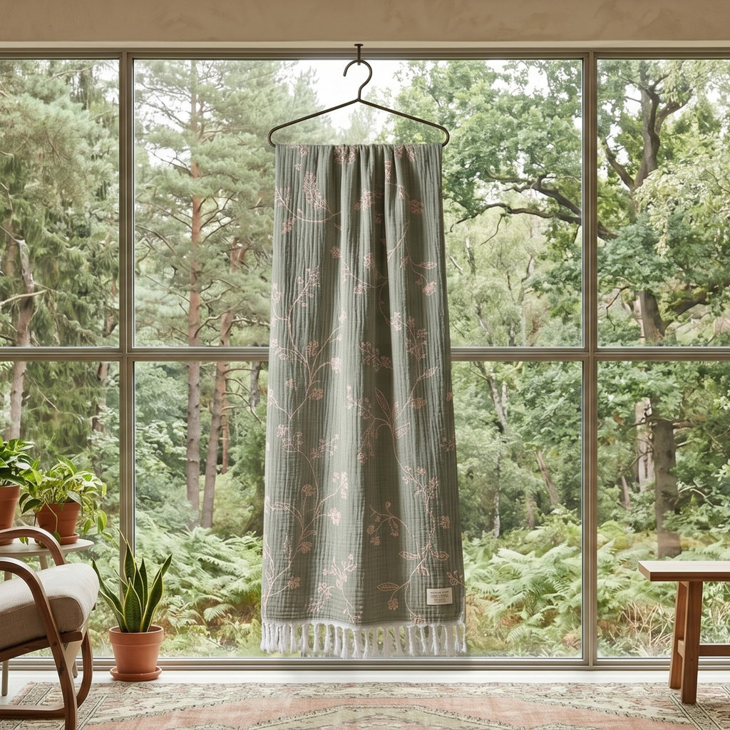 Sage Green Floral Cotton Throw – Relaxed Scandinavian Boho Decor