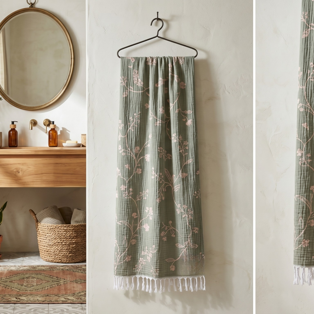 Sage Green Floral Cotton Throw – Relaxed Scandinavian Boho Decor