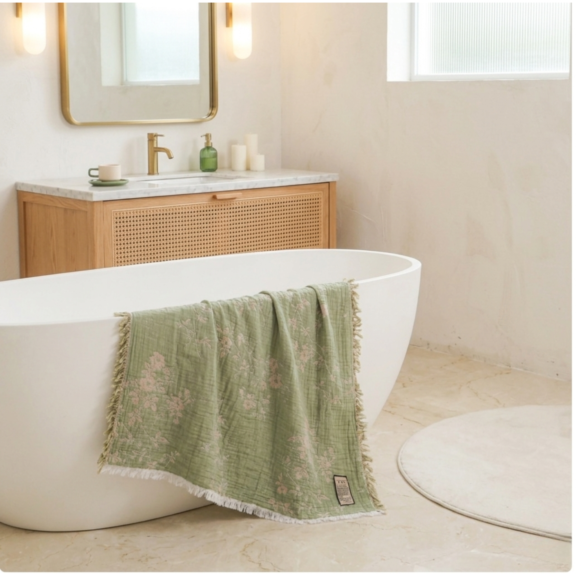 Sage Green Floral Cotton Throw – Relaxed Scandinavian Boho Decor
