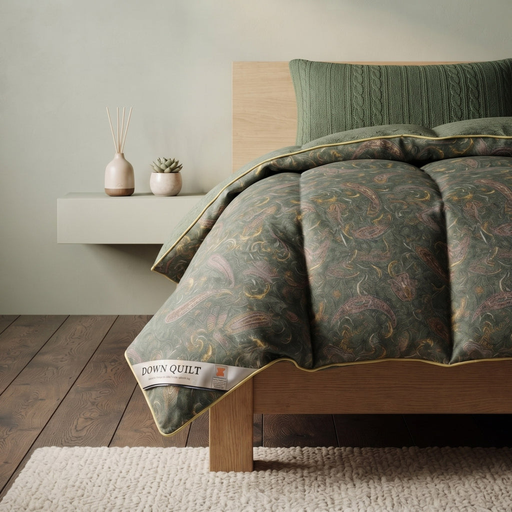 A styled bedroom scene showing a down quilt with a green paisley pattern and gold trim, draped over a wooden bed frame next to a floating shelf with decorative items.