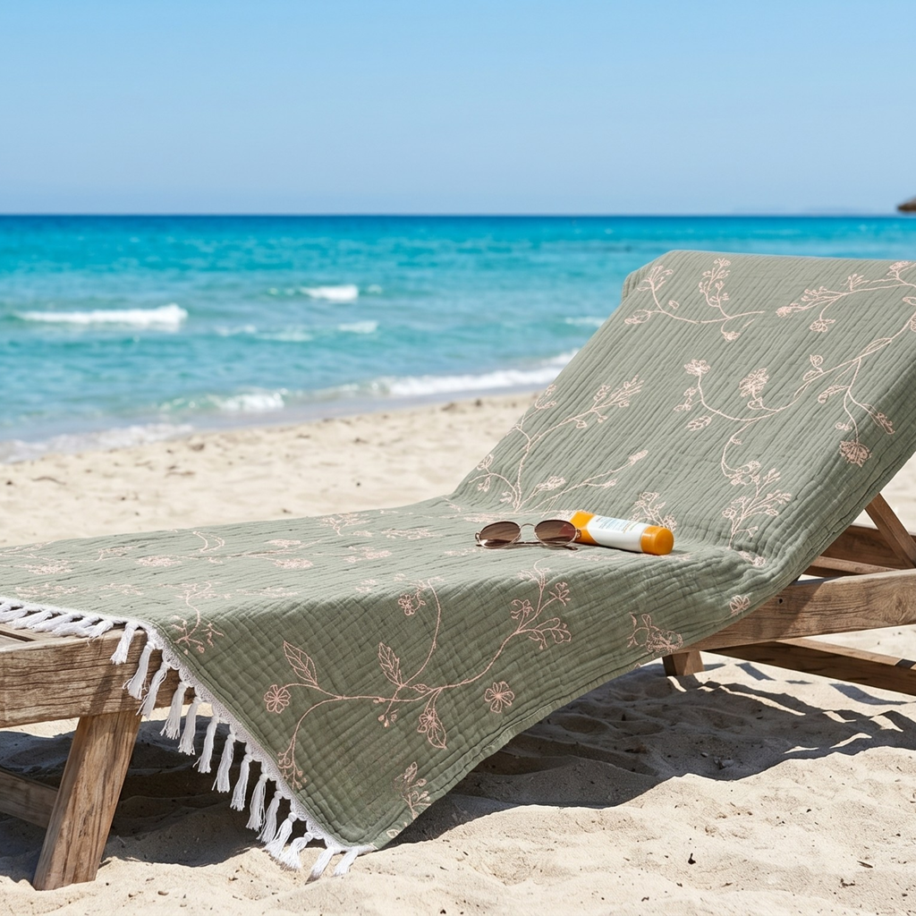 Sage Green Floral Cotton Throw – Relaxed Scandinavian Boho Decor