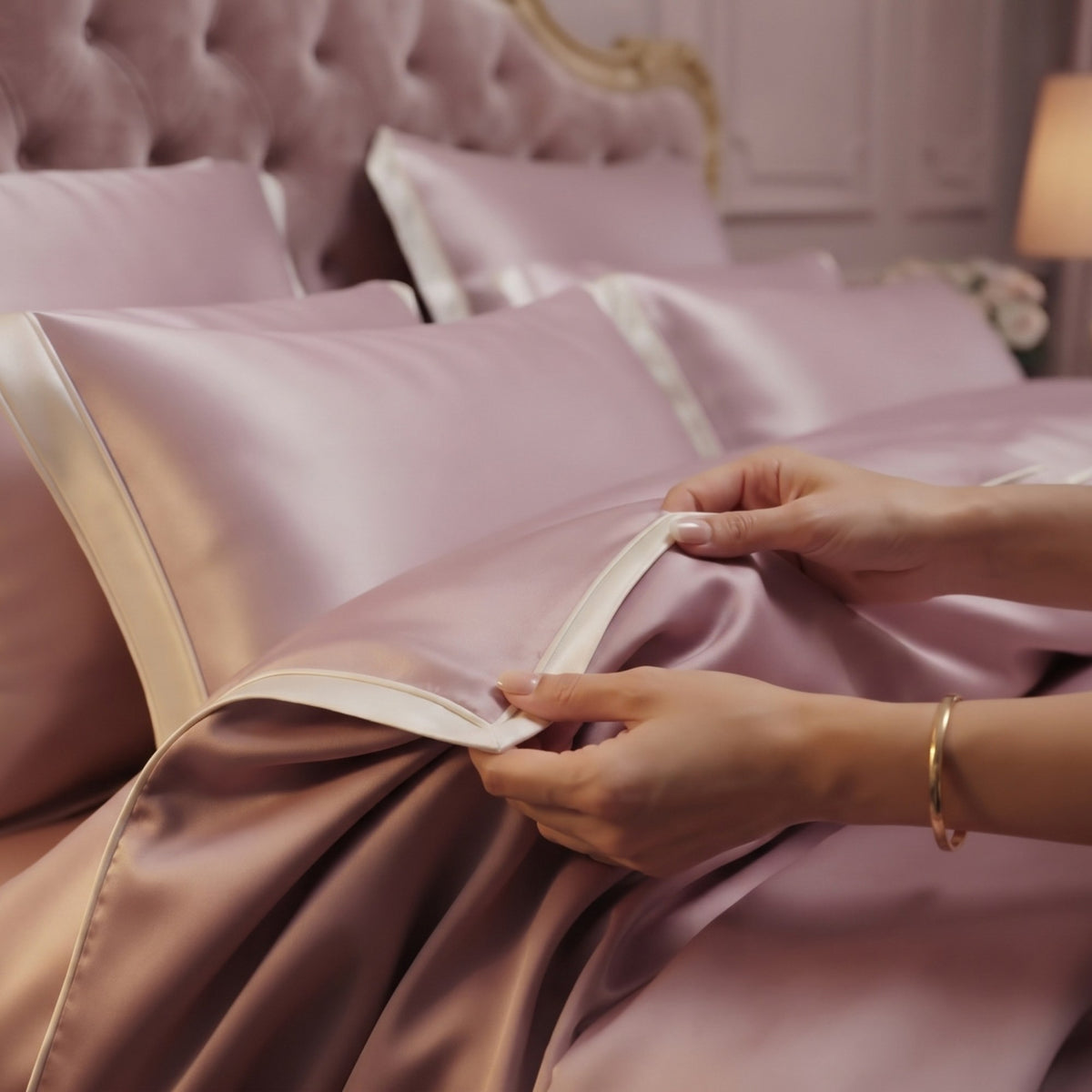 Soft dusty pink mulberry silk bedding set with satin trim, featuring fitted sheet and pillowcases, elegantly arranged on bed.