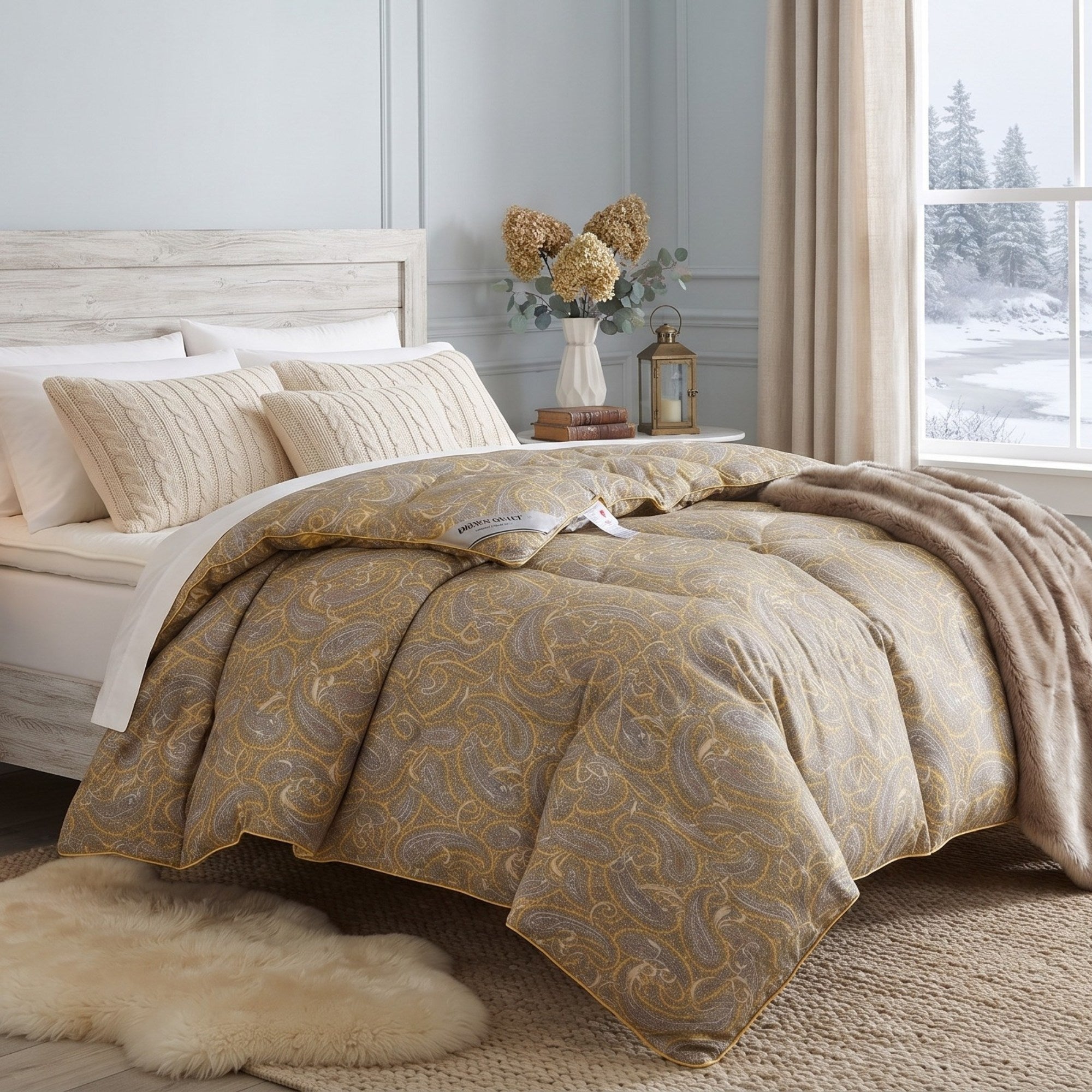 A made bed in a softly styled bedroom featuring a patterned comforter and matching shams in warm beige, gold, and taupe tones, with a neutral throw blanket, pillows, and a window showing a snowy outdoor scene.