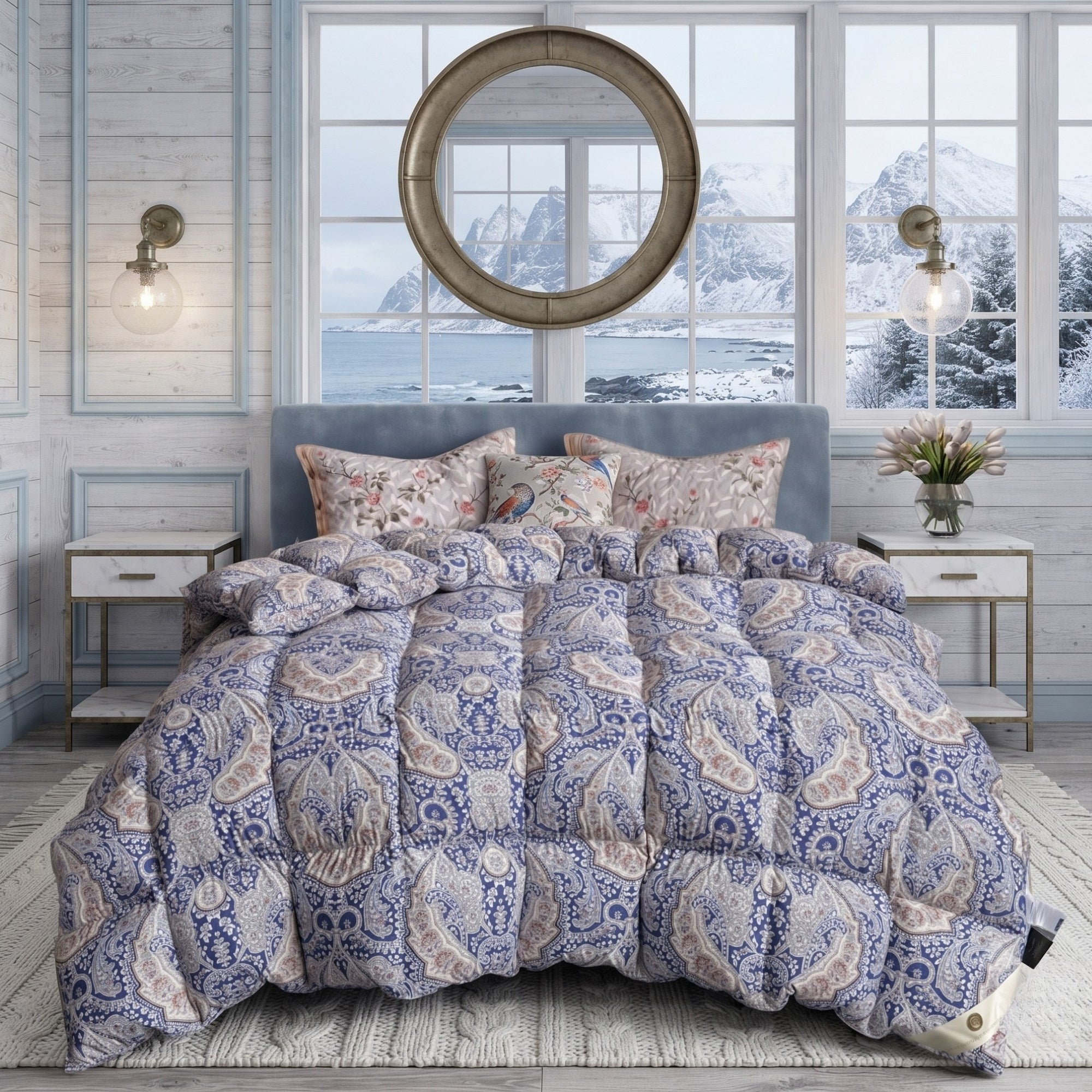 A bed dressed in a blue and beige paisley-patterned comforter set with matching pillows, styled in a bright bedroom with light wood walls, bedside tables, wall sconces, and large windows overlooking a snowy mountain and ocean view.