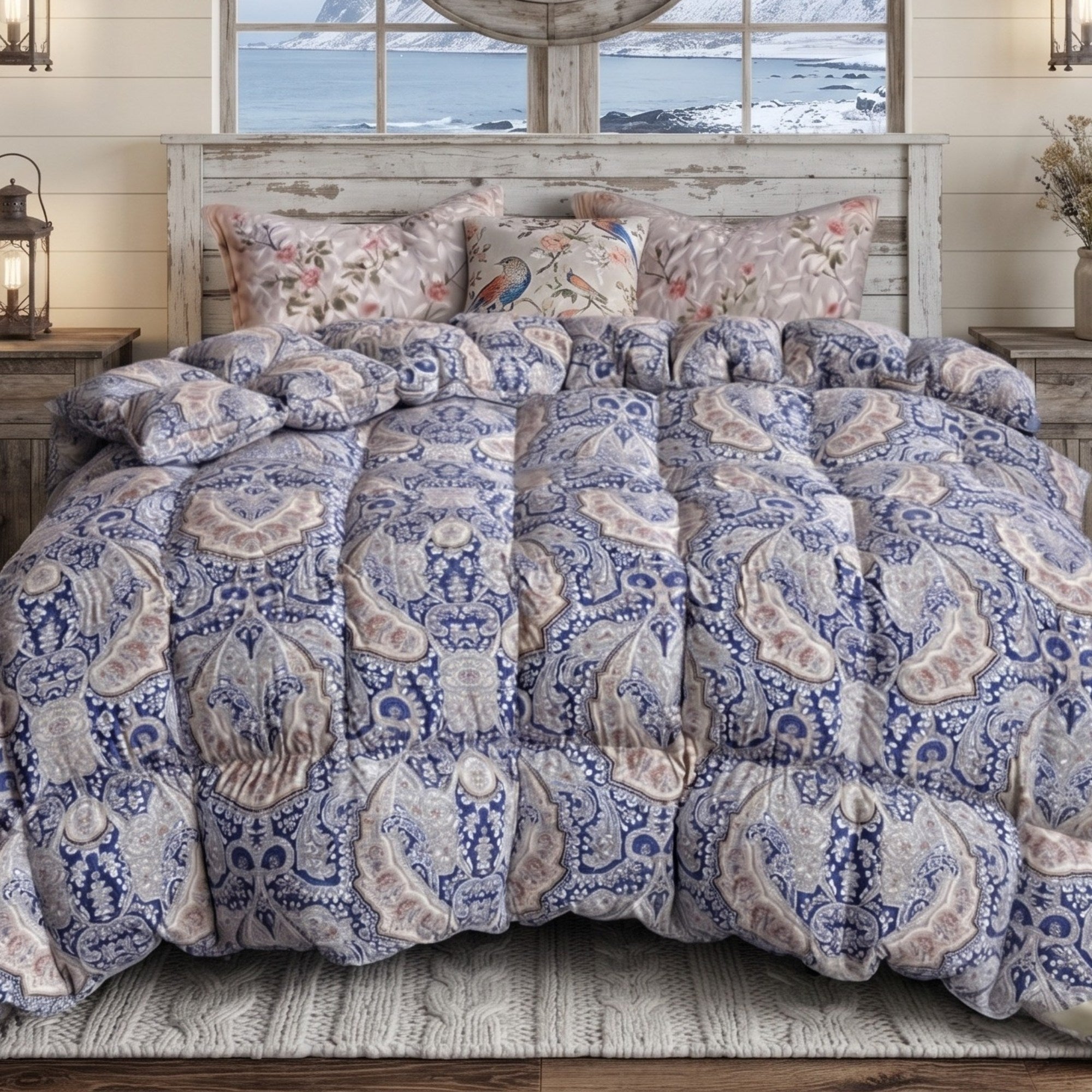 A bed dressed in a blue and beige paisley-patterned comforter set with matching floral pillows, styled in a rustic bedroom with a window showing a snowy ocean view.
