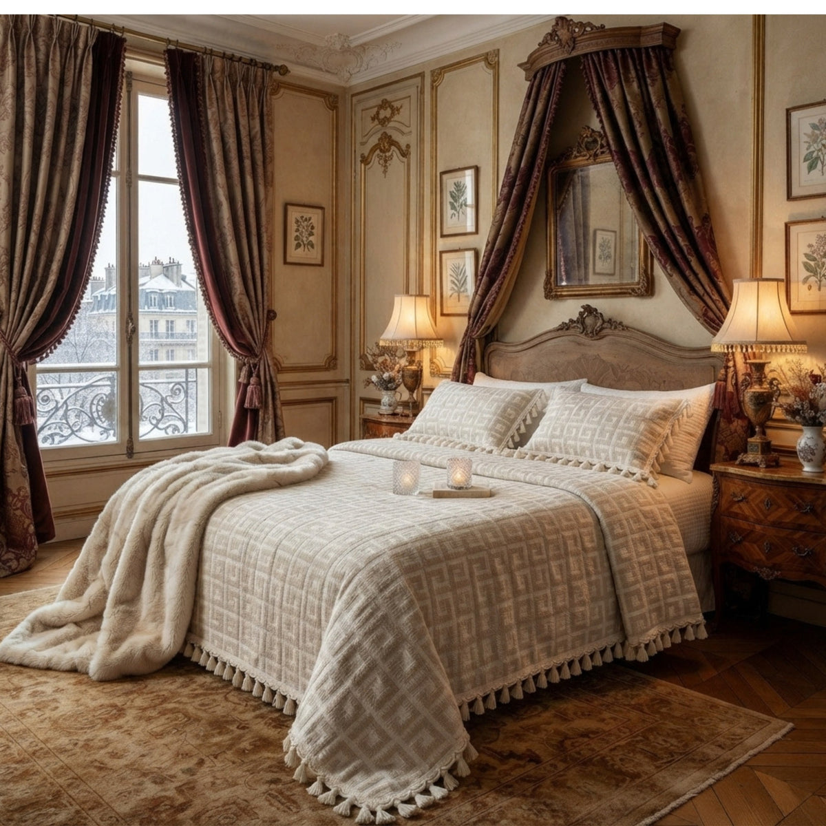 A beautifully styled bedroom featuring a cream and beige patterned quilted bedspread with tassels, matching pillows, a plush cream throw blanket, and a matching patterned rug in an elegant, classic French-chic room.