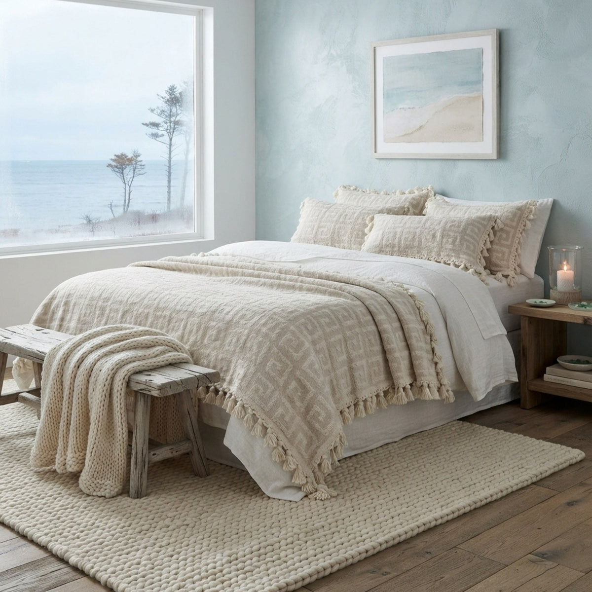 A styled bedroom scene showing a bed made up with cream and off-white bedding, including a textured fringed throw blanket and matching pillows. A rustic wooden bench with a chunky knit cream throw sits at the foot of the bed.