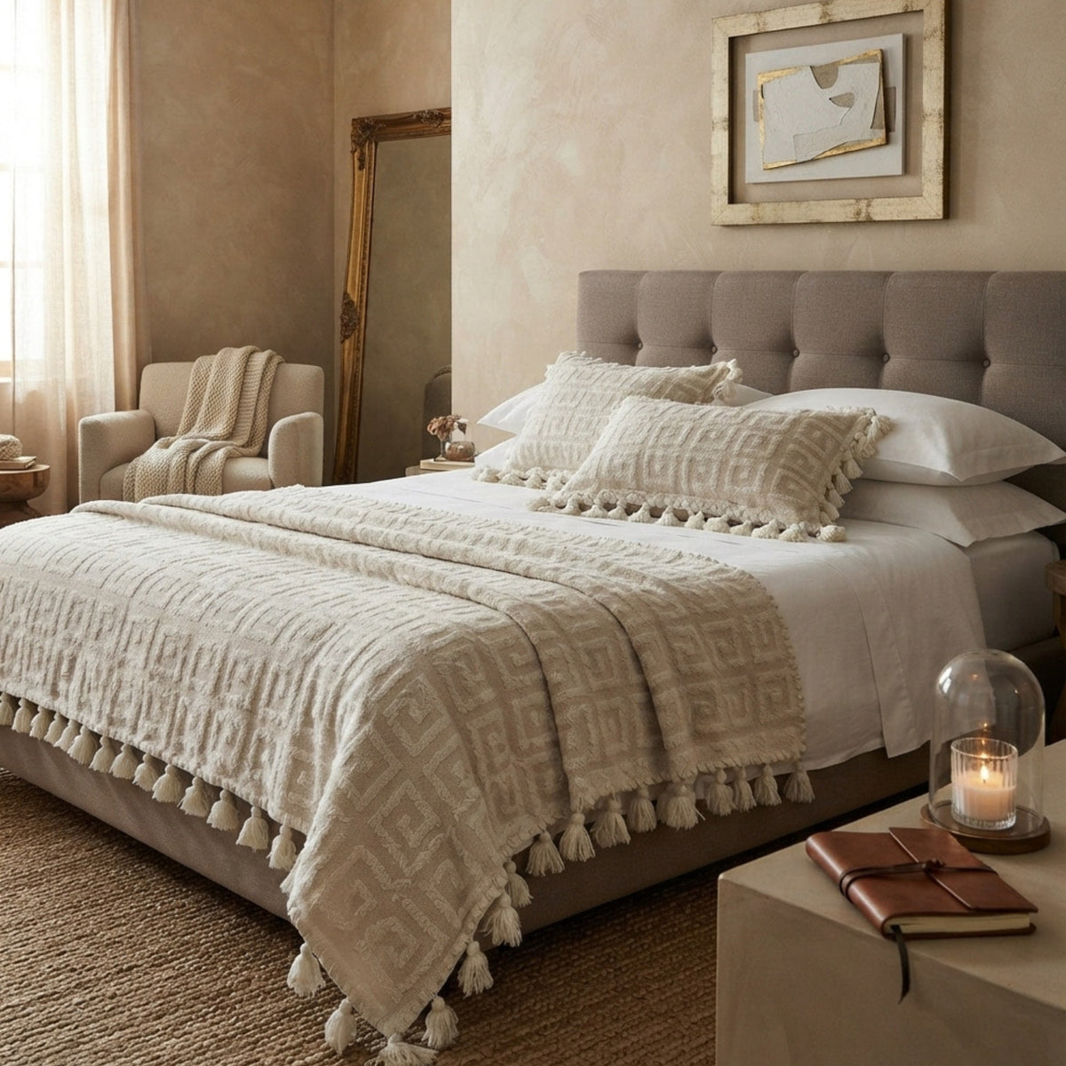 Cotton Linen Jacquard Bedspread Set with Tassels