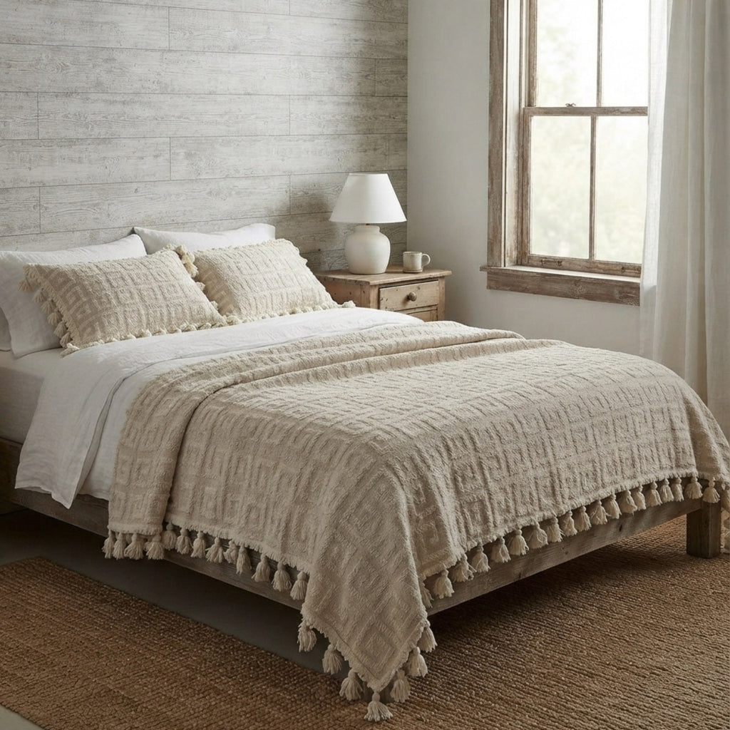 A textured cream-colored throw blanket with tassels is styled on a bed in a rustic bedroom setting with a wooden headboard, bedside table, and window.