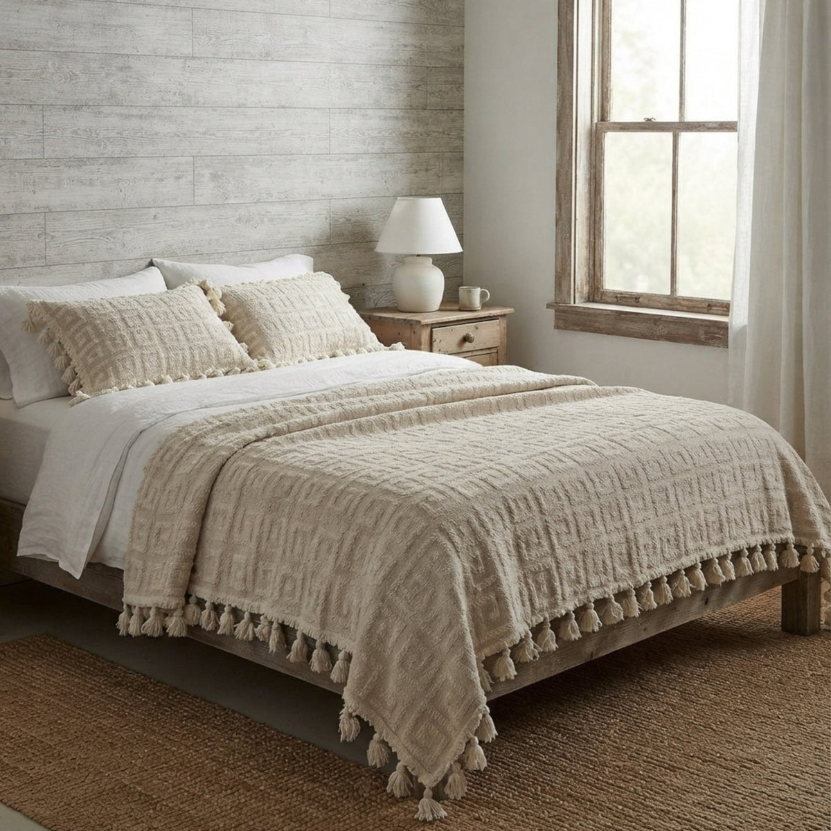 A textured cream-colored throw blanket with tassels is styled on a bed in a rustic bedroom setting with a wooden headboard, bedside table, and window.