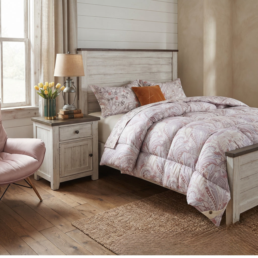 A rustic bedroom scene featuring a bed dressed in a light pink and white paisley patterned comforter set with matching shams and a small orange accent pillow. The bed has a whitewashed wood headboard and footboard, standing next to a matching nightstand with a lamp and a vase of yellow tulips.