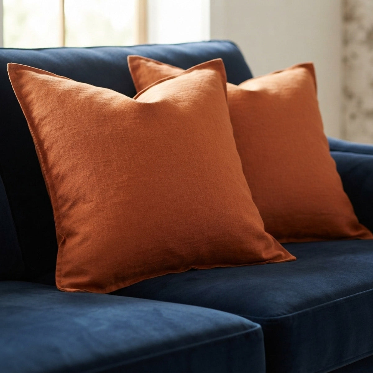 Two rust-orange throw pillows resting on a dark blue velvet sofa in a softly lit interior setting.
