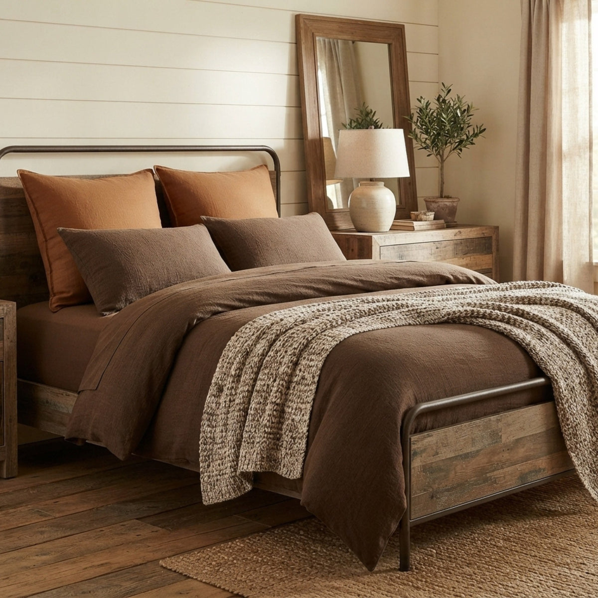 A rustic wooden bed dressed in brown bedding with rust color linen pillows and a chunky knit throw blanket, styled in a warm, neutral-toned bedroom.