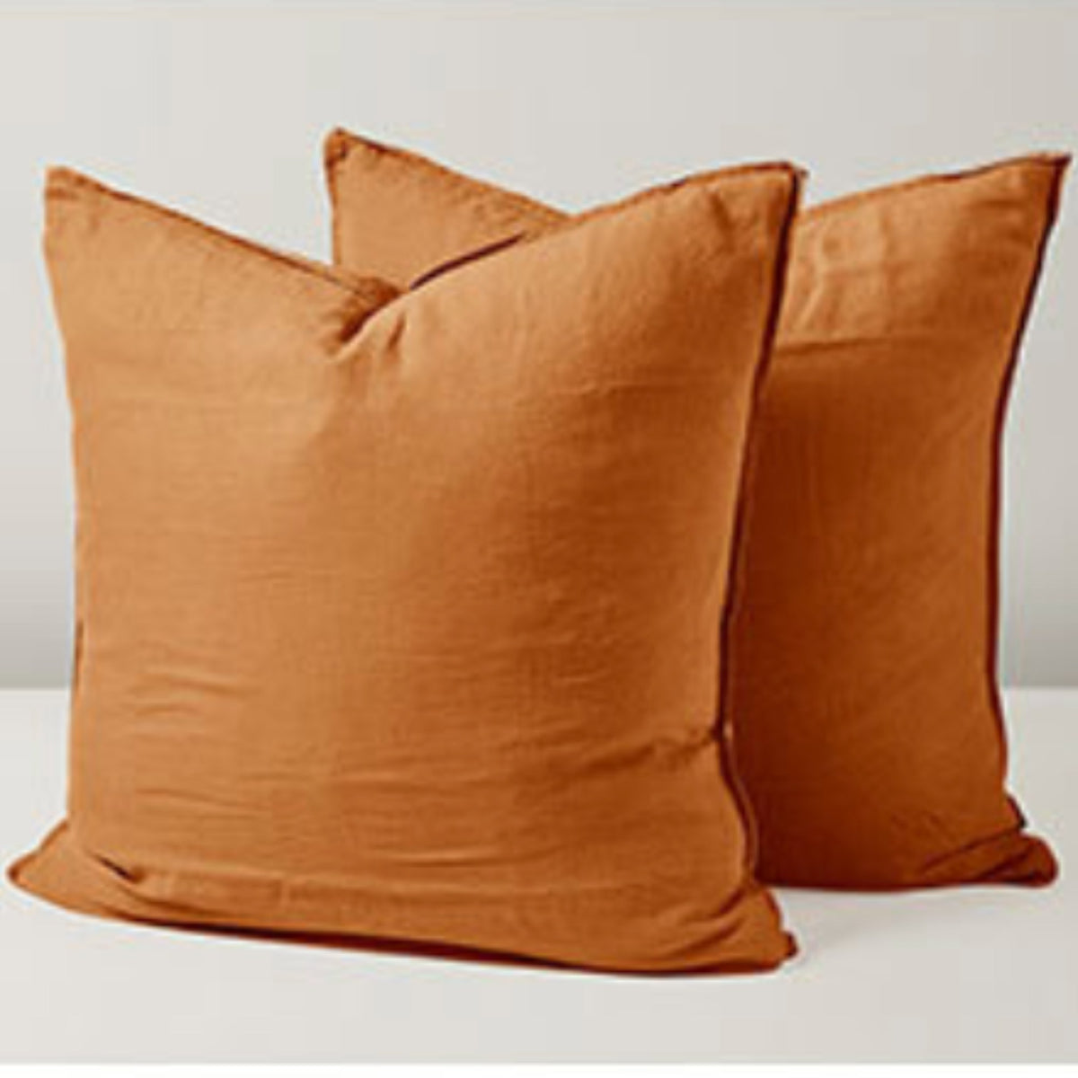 Two square throw pillows in a warm rust-orange color, arranged against a light gray background.
