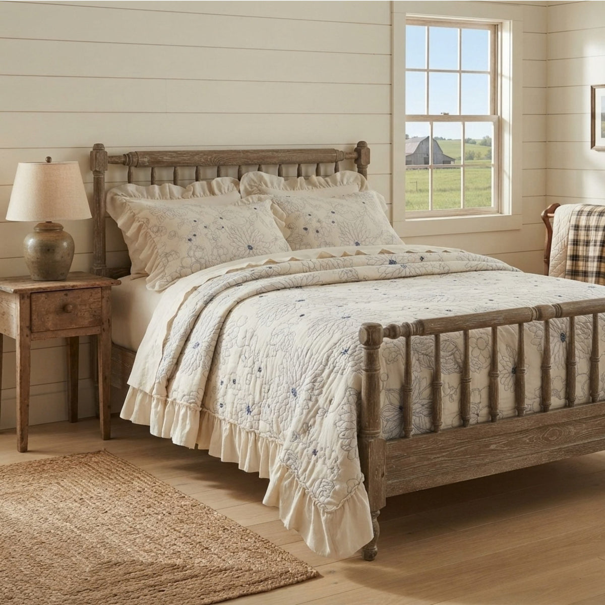 A rustic wooden bed frame dressed in a cream quilted bedding set with blue floral embroidery and ruffled edges, styled in a bright, shiplap-walled bedroom with a nightstand, lamp, and window view.