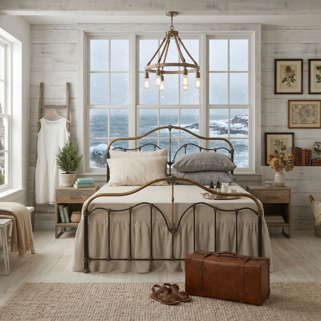 A rustic coastal-style bedroom featuring a metal bed frame with a curved headboard and footboard, dressed in beige and gray bedding. The bed is styled in a bright, light wood-paneled room with large windows showing an ocean view, a hanging white dress, a brown leather suitcase on the floor, and a woven rug.