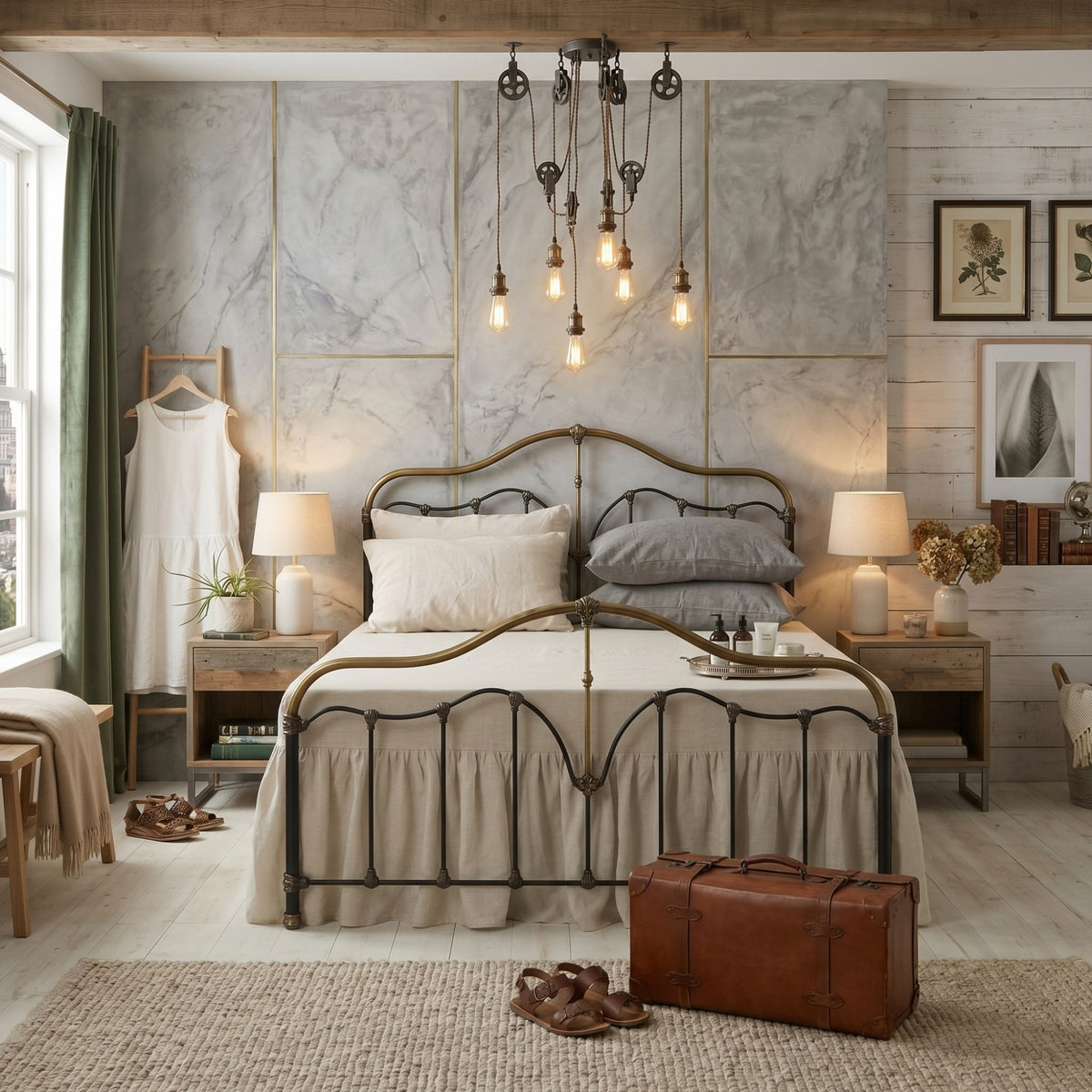 A rustic bedroom scene featuring a metal bed frame with an ornate curved headboard and footboard, dressed in beige and gray bedding. The room has a marble-paneled accent wall, a multi-light industrial chandelier, wooden nightstands, and a brown leather suitcase on a woven rug in the foreground.
