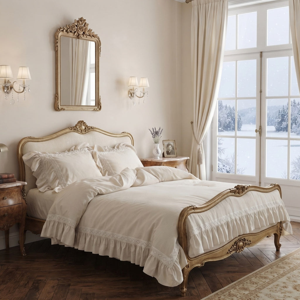 An elegant vintage-style wooden bed with ornate gold detailing, dressed in cream-colored ruffled bedding, set in a beautifully decorated bedroom with a large window showing a snowy outdoor view.