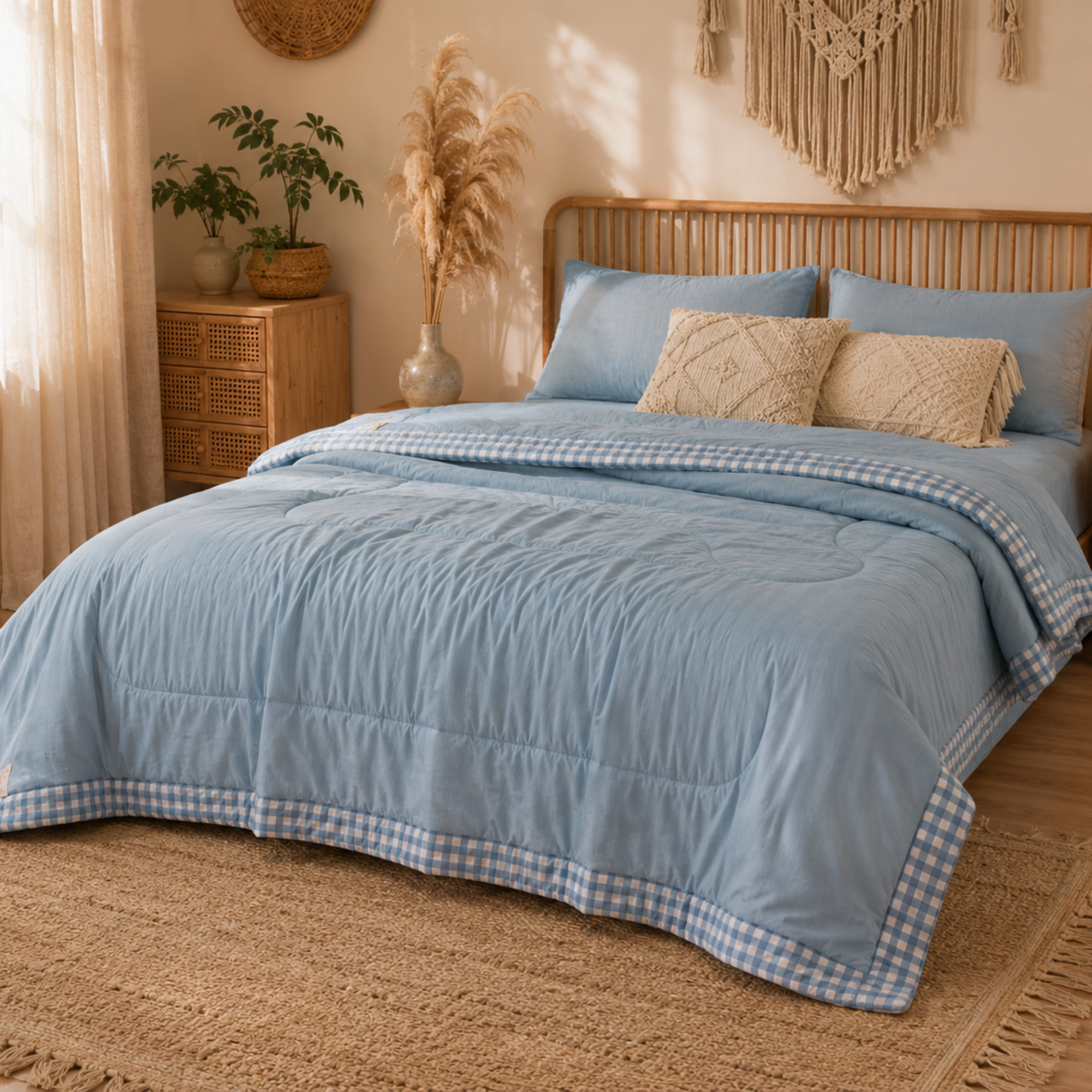 Lightweight Summer Quilt – Cooling Cotton Comforter with Gingham Trim