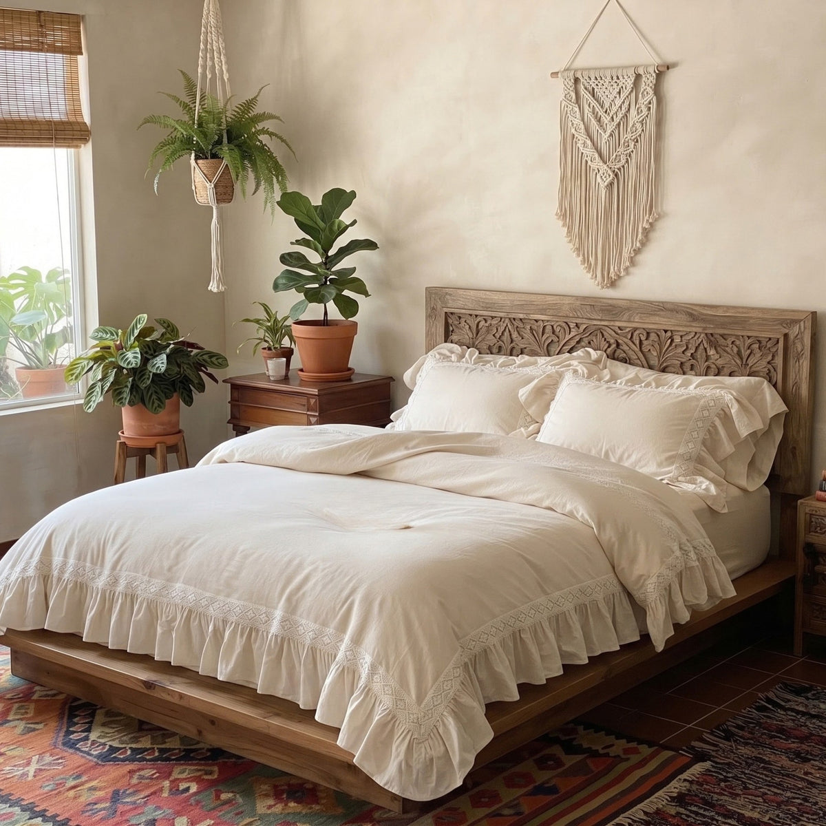 A styled bedroom scene featuring a bed dressed in cream-colored ruffled bedding, set against a warm beige wall with a carved wooden headboard, macrame wall hanging, and potted plants.