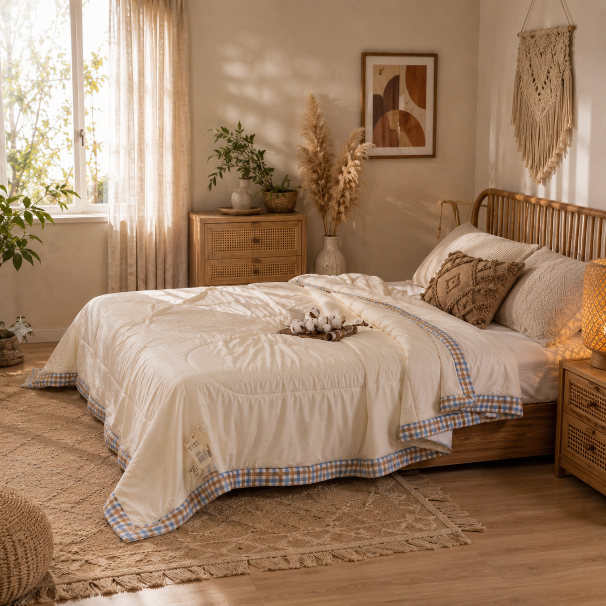 Lightweight Summer Quilt – Cooling Cotton Comforter with Gingham Trim
