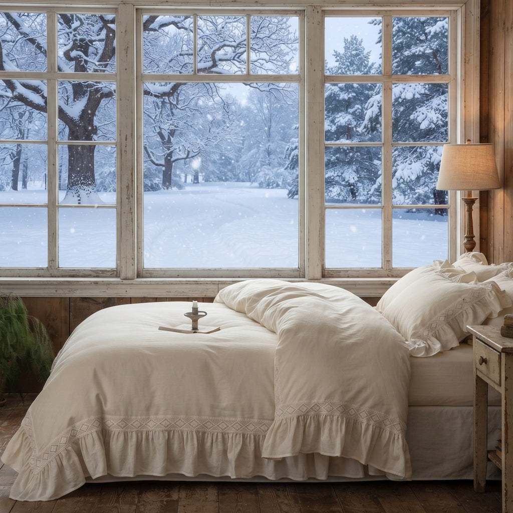 A cozy bed dressed in cream-colored ruffled bedding, positioned in a rustic bedroom with a large window showing a snowy outdoor landscape. A wooden nightstand and a lit table lamp are visible on either side.