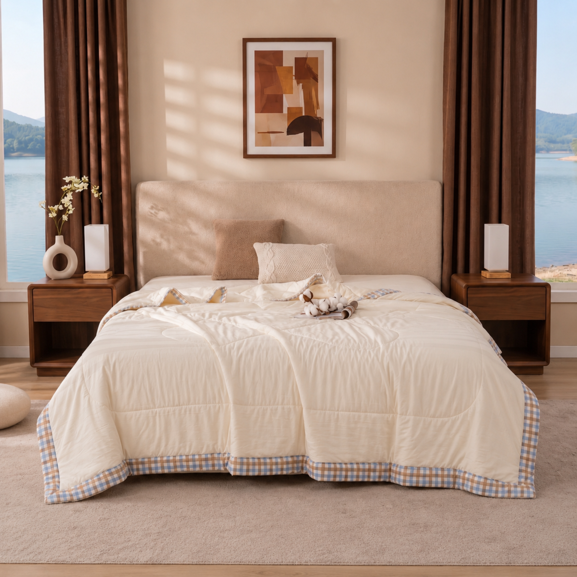 Lightweight Summer Quilt – Cooling Cotton Comforter with Gingham Trim