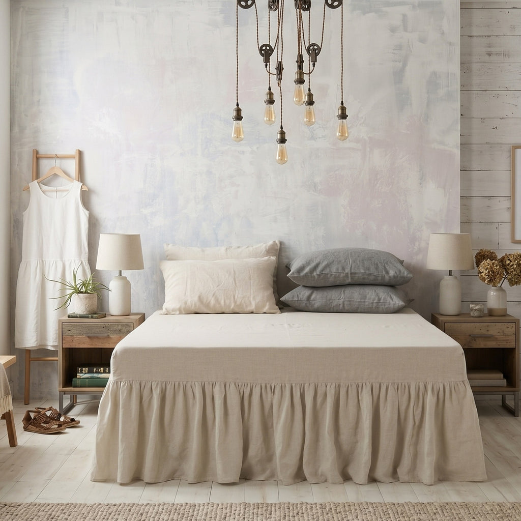 A neatly made bed in a styled bedroom, featuring a beige ruffled bed skirt, cream and gray pillows, matching bedside tables, lamps, and a rustic textured wall.