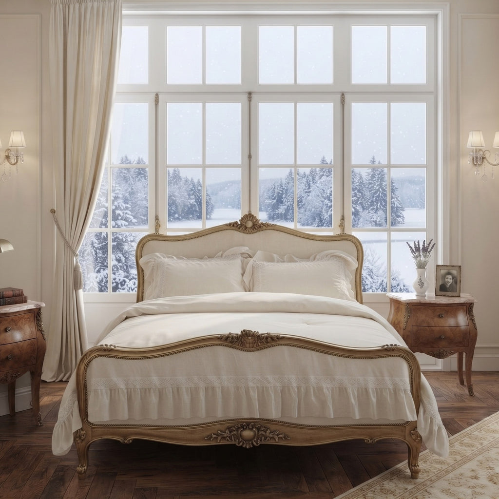 An ornate vintage-style wooden bed with a cream upholstered headboard and matching bedding, positioned in front of a large multi-pane window showing a snowy outdoor landscape. The room features warm beige walls, matching curtains, wooden nightstands, and wall sconces.