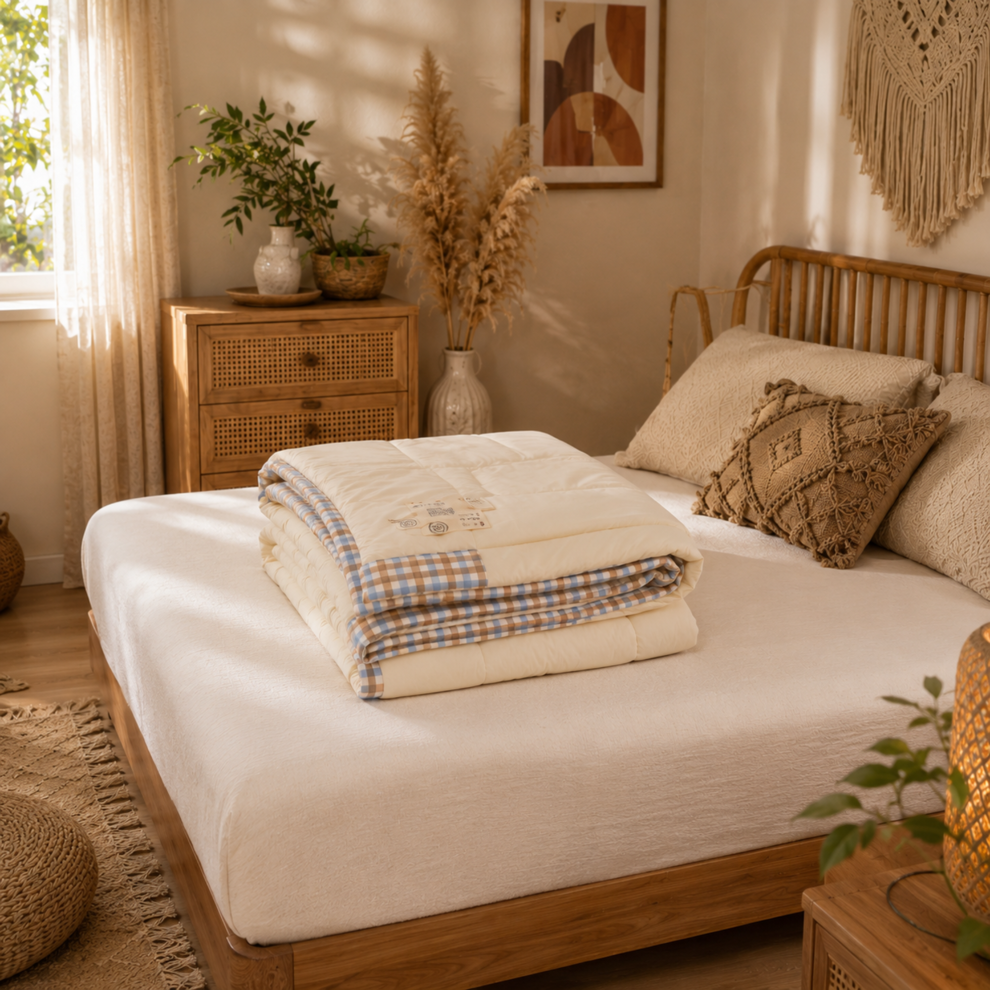 Lightweight Summer Quilt – Cooling Cotton Comforter with Gingham Trim