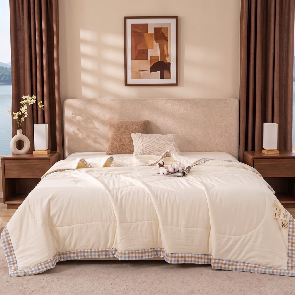 Lightweight Summer Quilt – Cooling Cotton Comforter with Gingham Trim