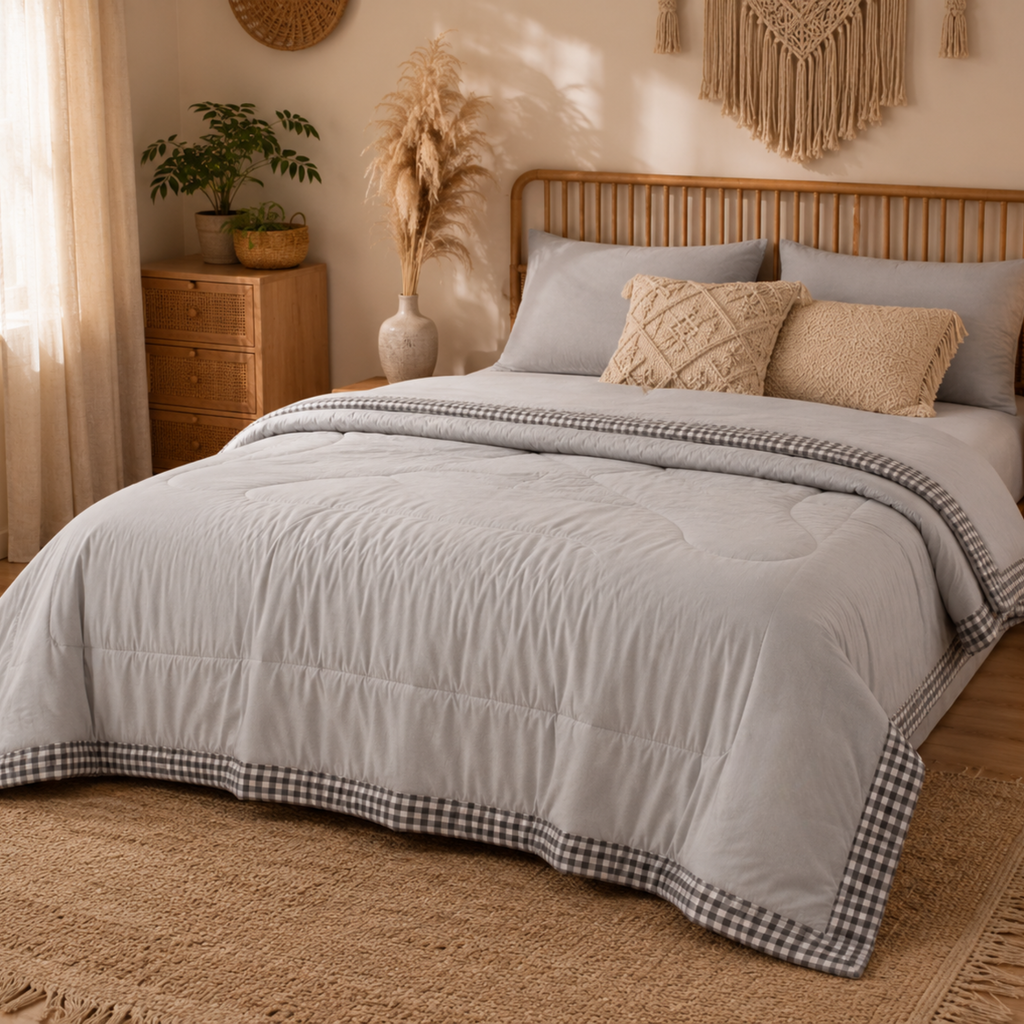 Lightweight Summer Quilt – Cooling Cotton Comforter with Gingham Trim