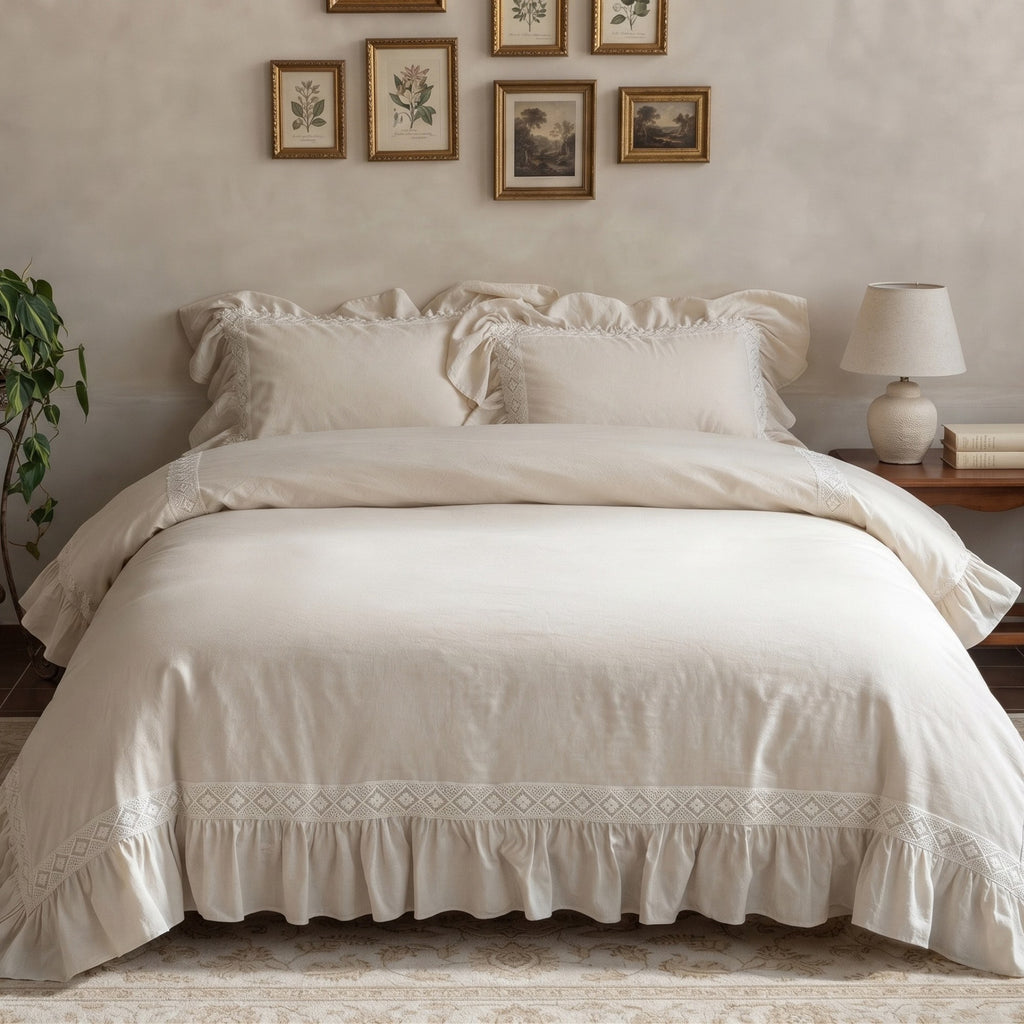 A neatly made bed dressed in a soft cream bedding set with ruffled pillows, a ruffled skirted duvet, and embroidered trim near the hem, styled in a warm neutral bedroom with framed wall art, a lamp, and a plant.