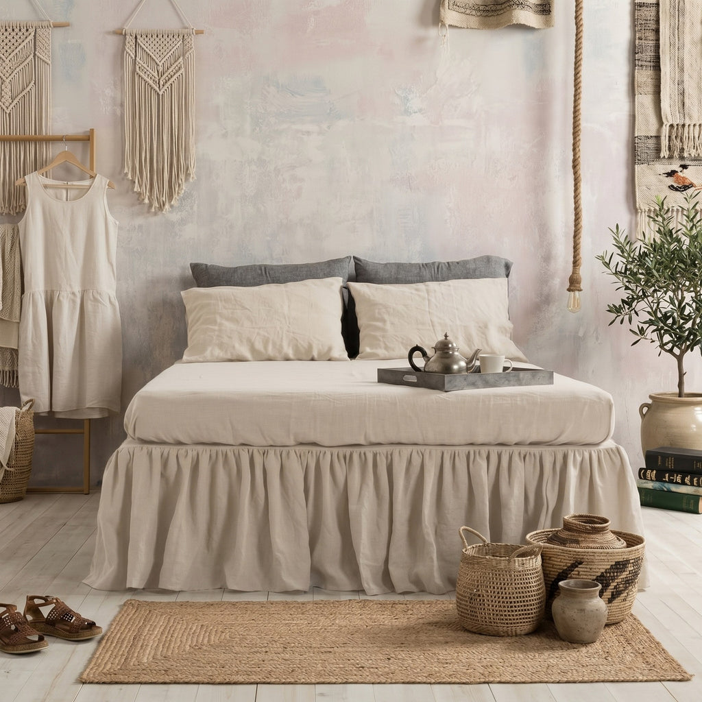 A bed dressed in a beige ruffled bed skirt with cream and gray pillows, styled in a boho bedroom with woven decor, a small dress on a hanger, sandals, baskets, and a plant.