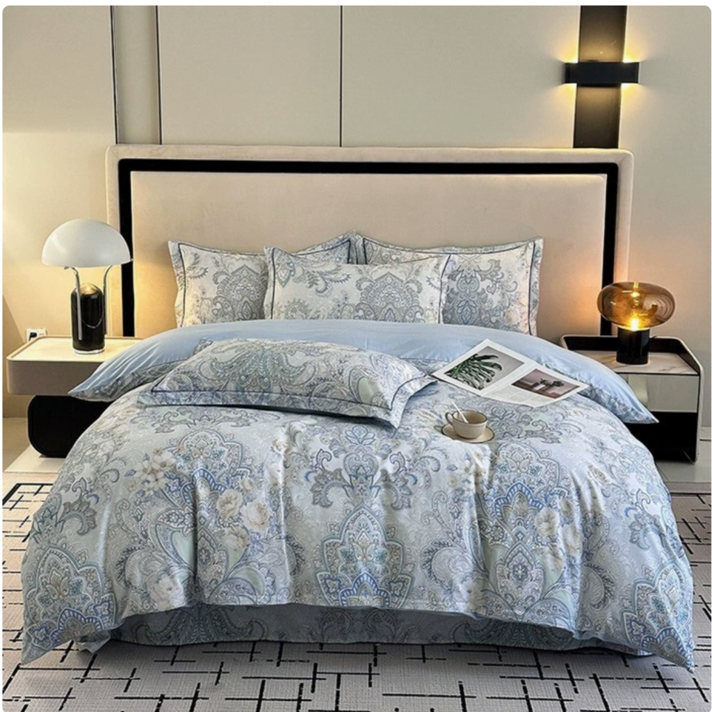 Blue Grey Floral Cotton Bedding Set – Elegant Luxury Duvet Cover & Pillowcases