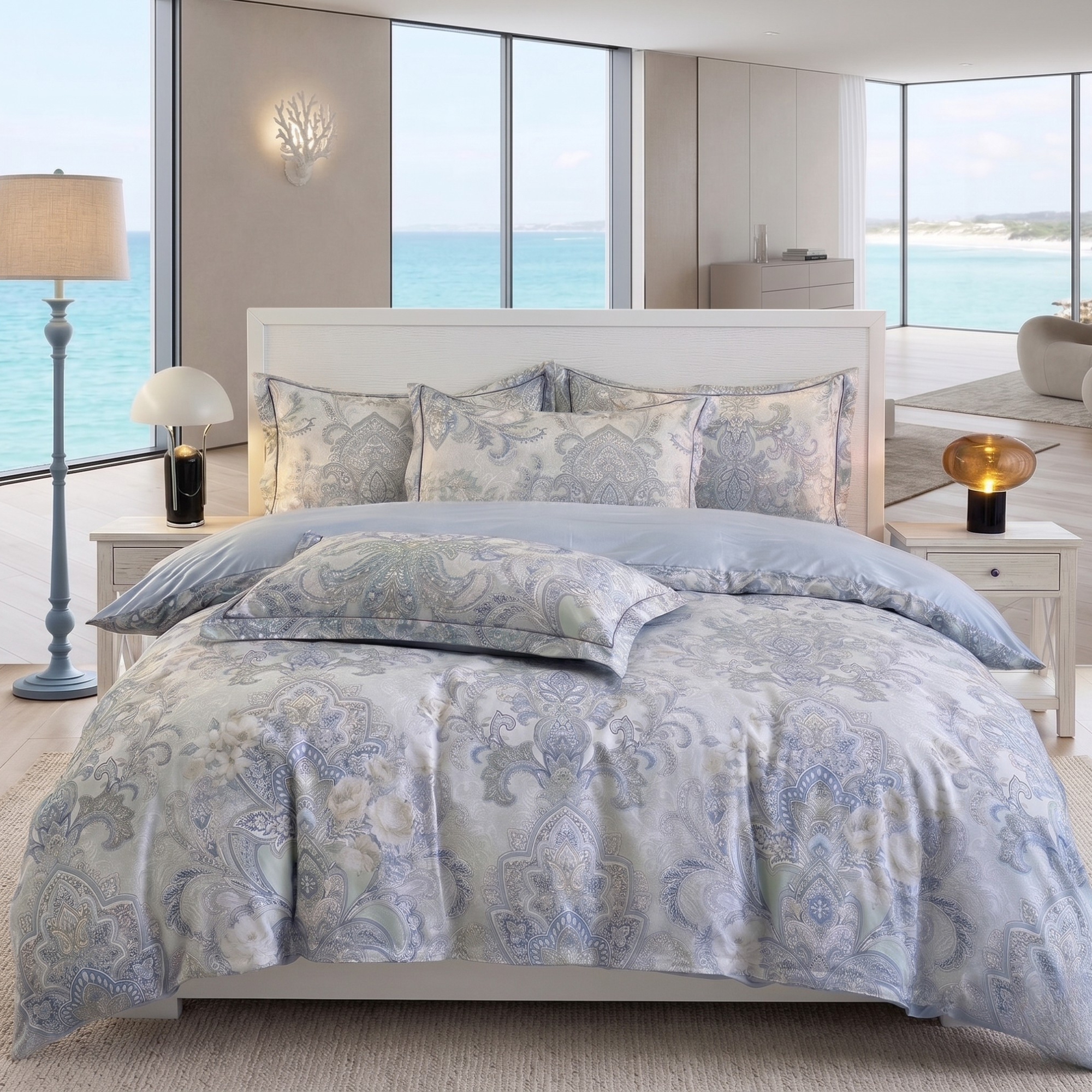 Blue Grey Floral Cotton Bedding Set – Elegant Luxury Duvet Cover & Pillowcases